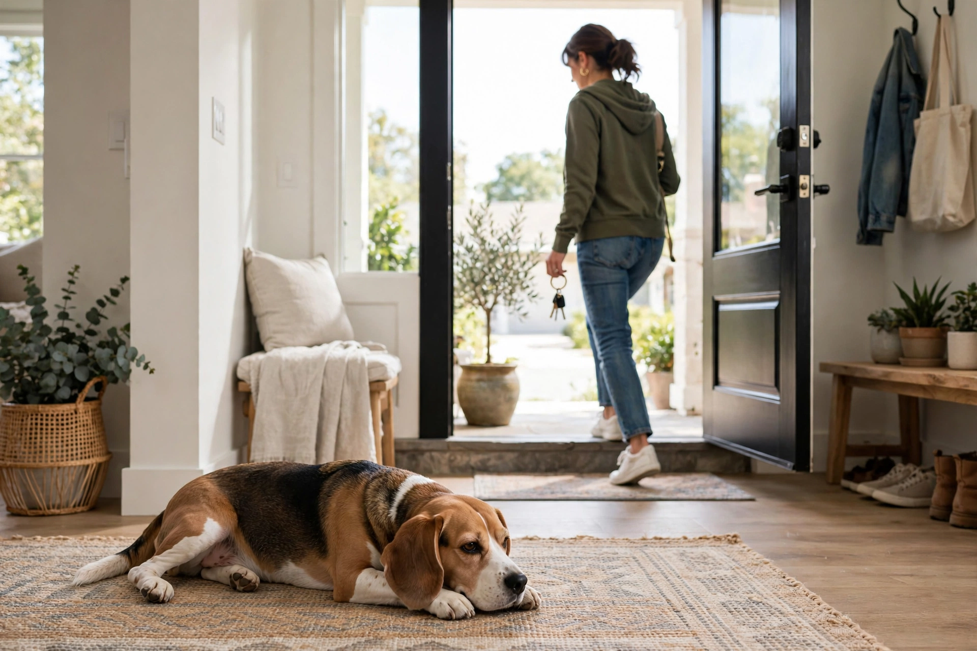 Owner stepping out the front door while dog stays relaxed inside the house