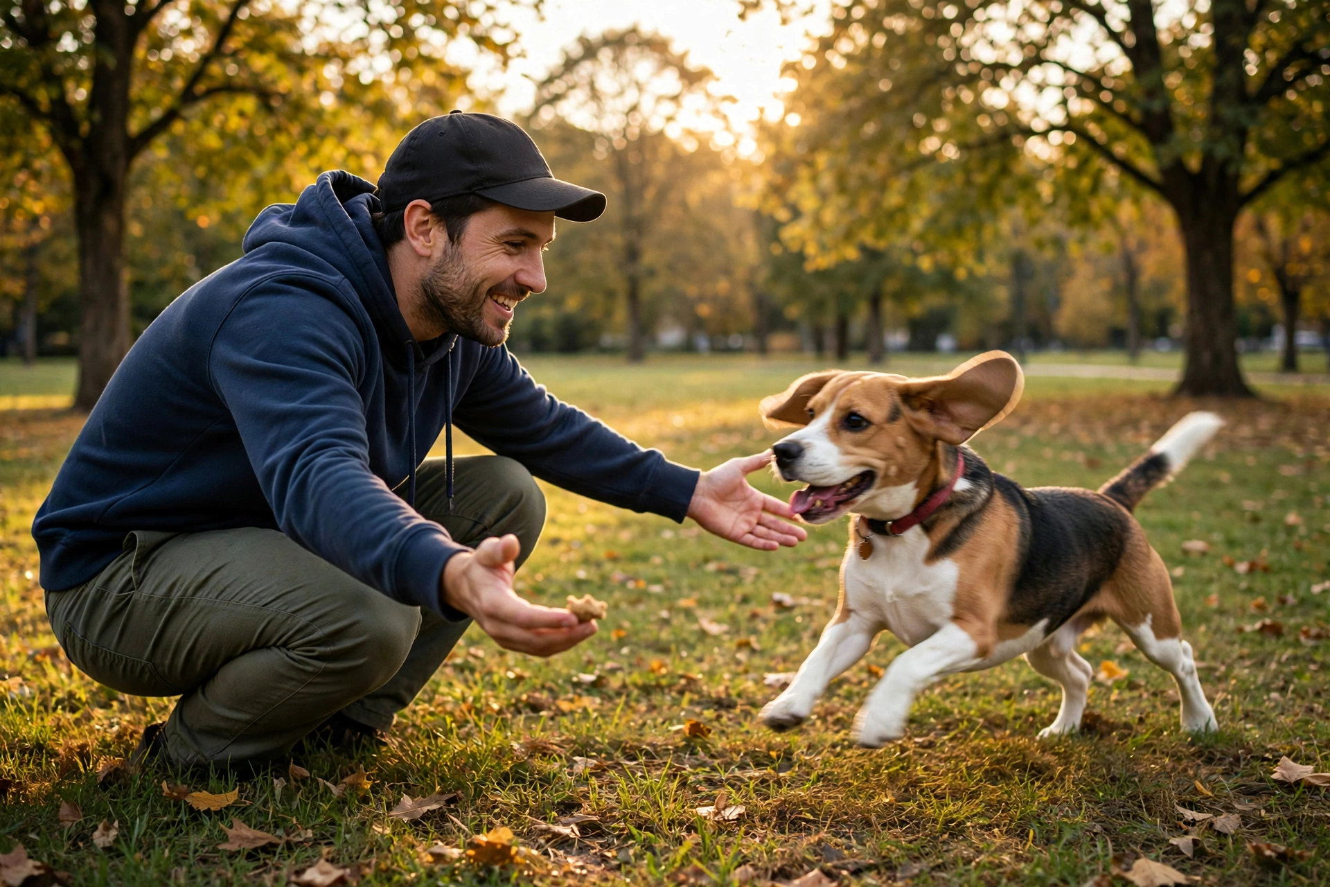 Owner luring a dog back with a treat instead of chasing