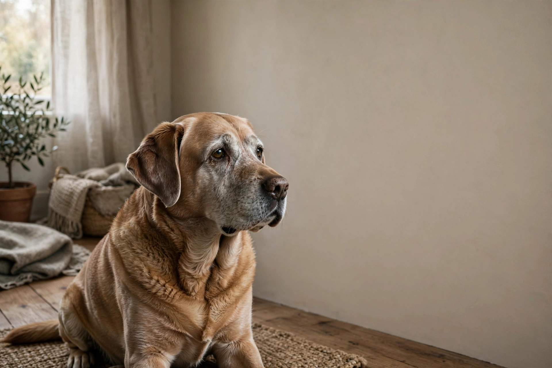Senior dog sitting quietly and staring blankly at a wall