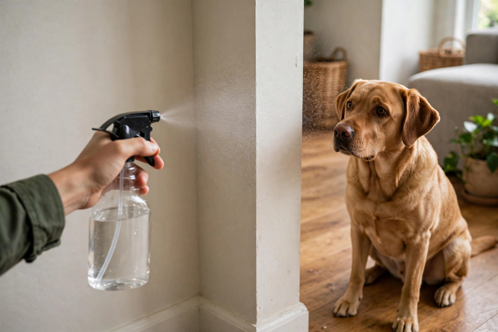 Person spraying bitter deterrent spray on a drywall wall corner