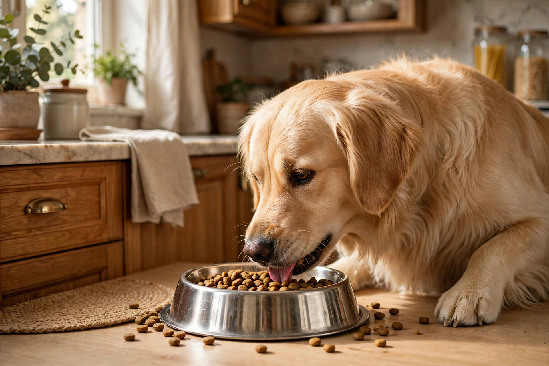 Healthy dog eagerly eating premium kibble from a stainless steel bowl