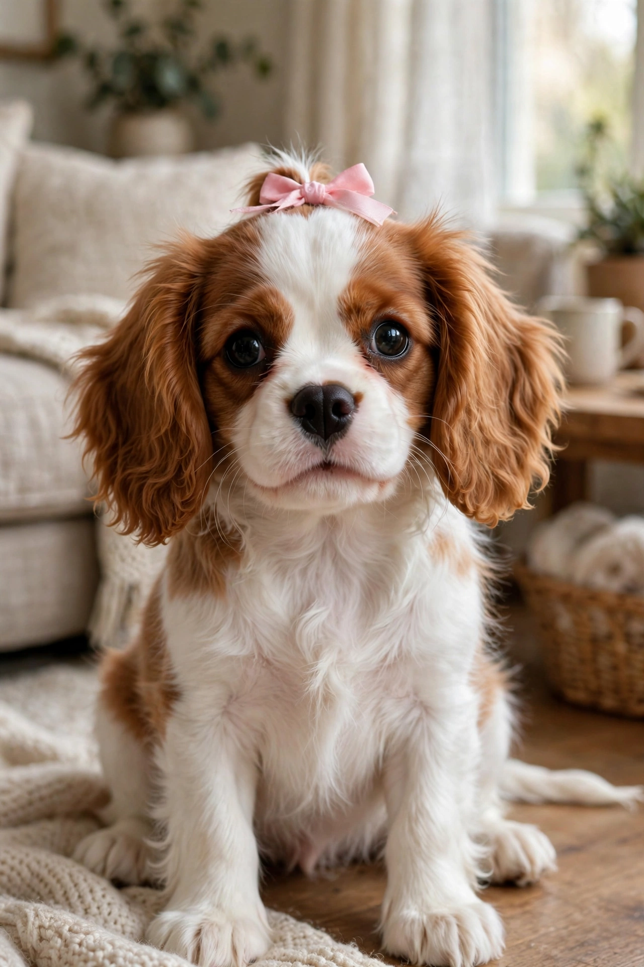 Cute female Cavalier King Charles Spaniel wearing a bow