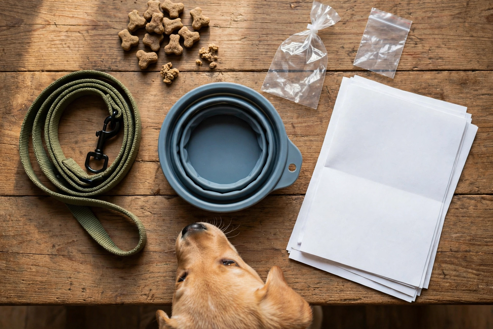 Vet visit essentials arranged on a table including treats and paperwork