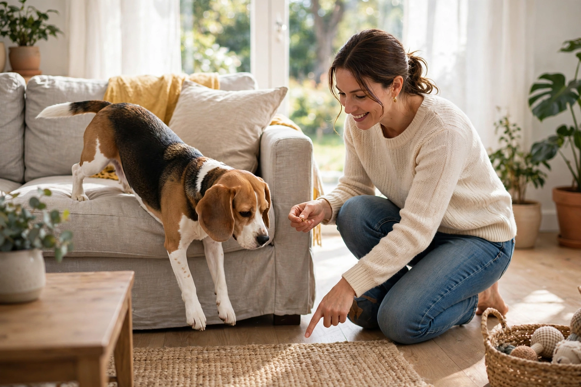 Owner luring a dog off the couch with a treat during training