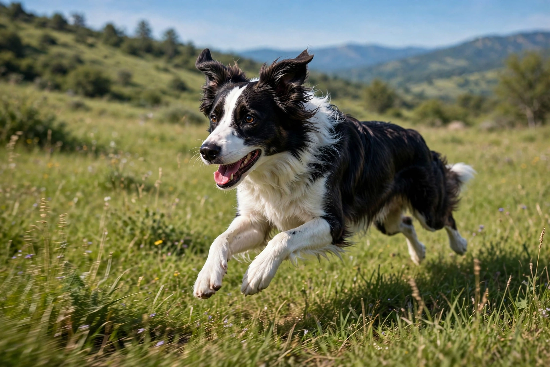 Lean border collie running on grass