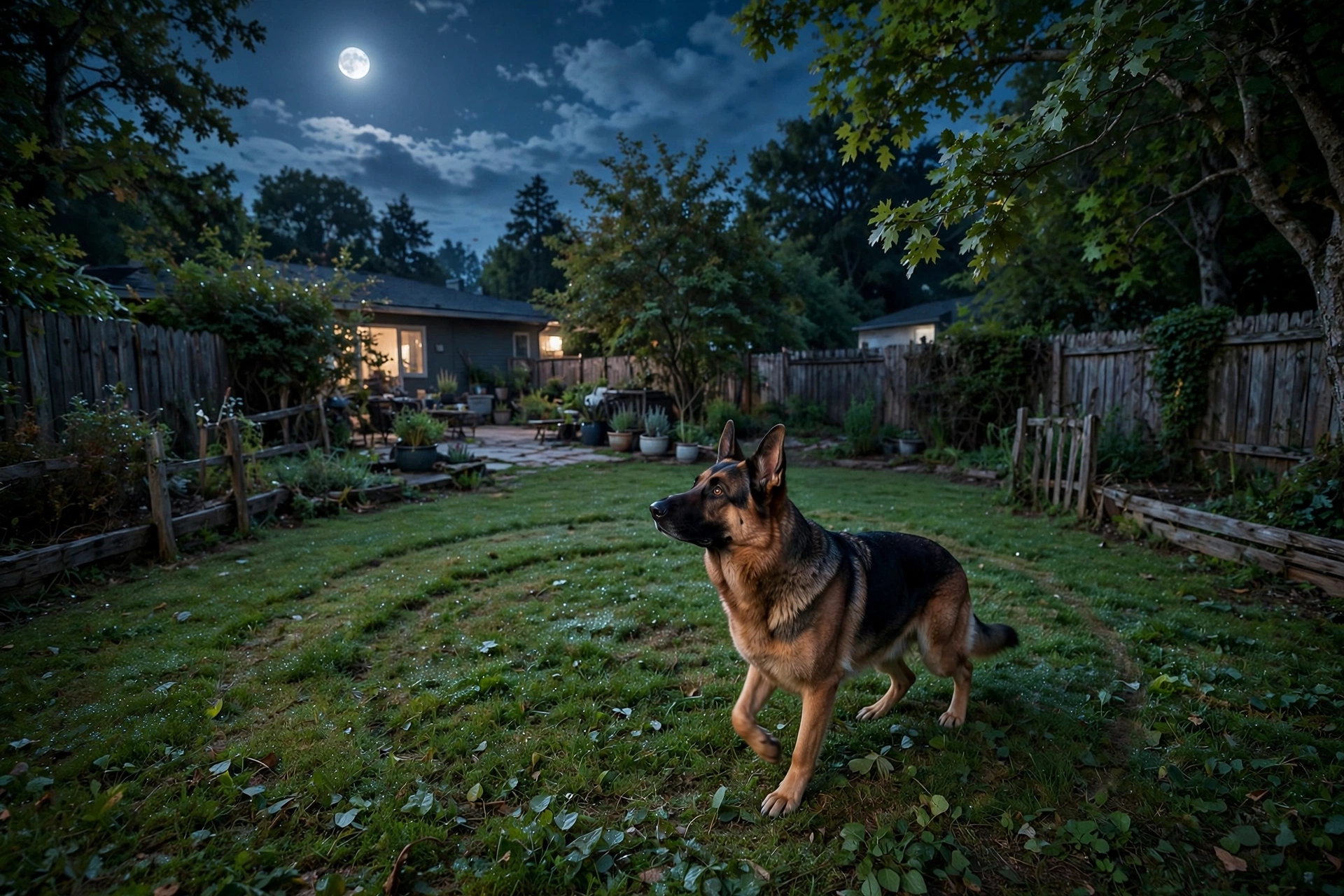 Alert dog circling outdoors at night to scan for danger before lying down
