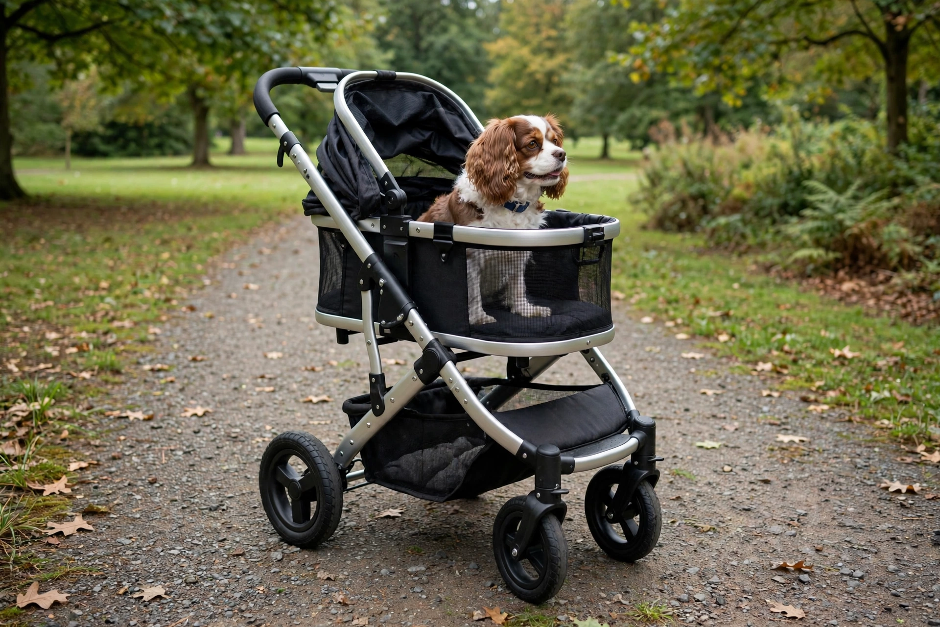 Luxury HPZ Pet Rover Prime stroller with aluminum frame on a park path
