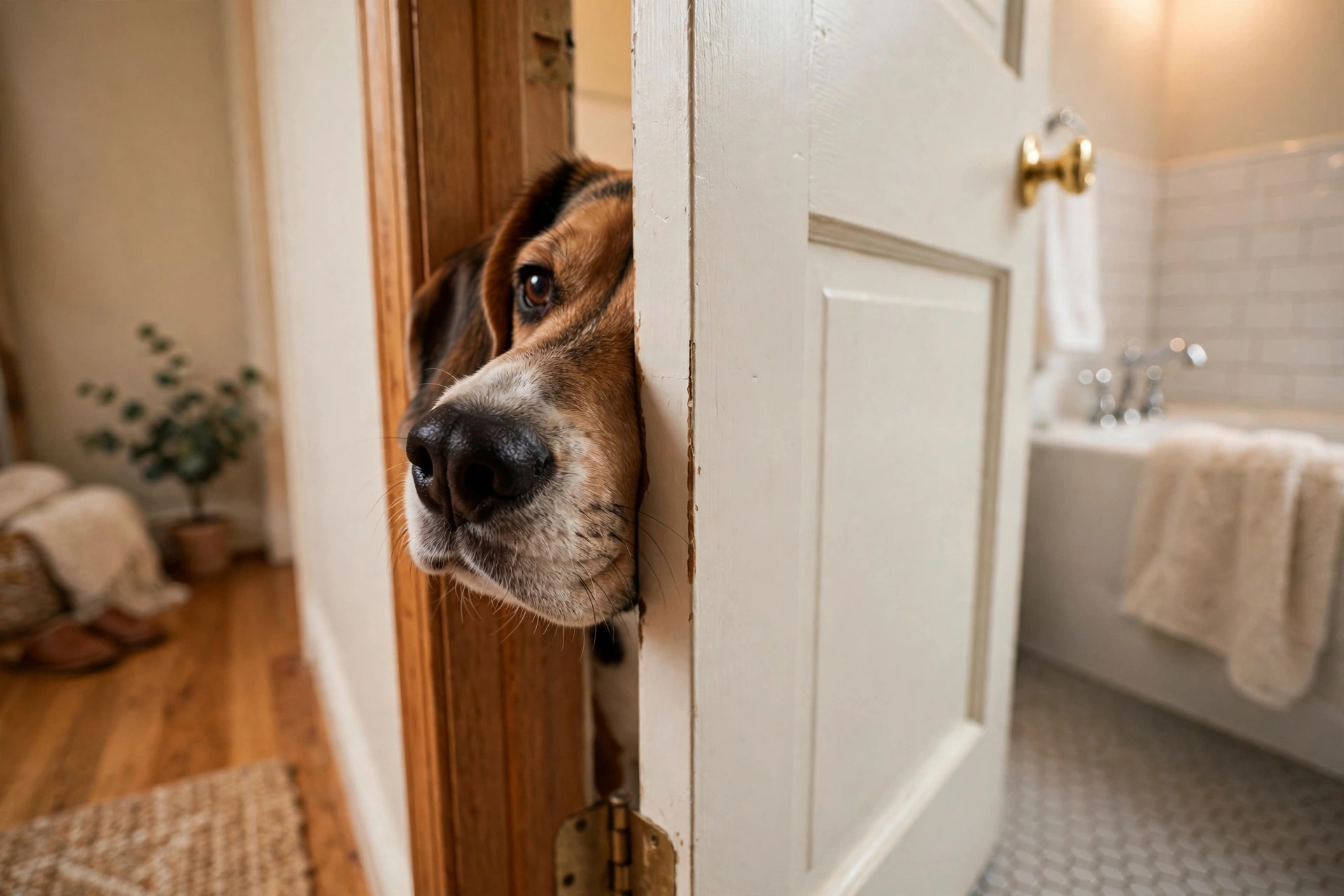 Curious beagle sniffing and peeking around an open bathroom door