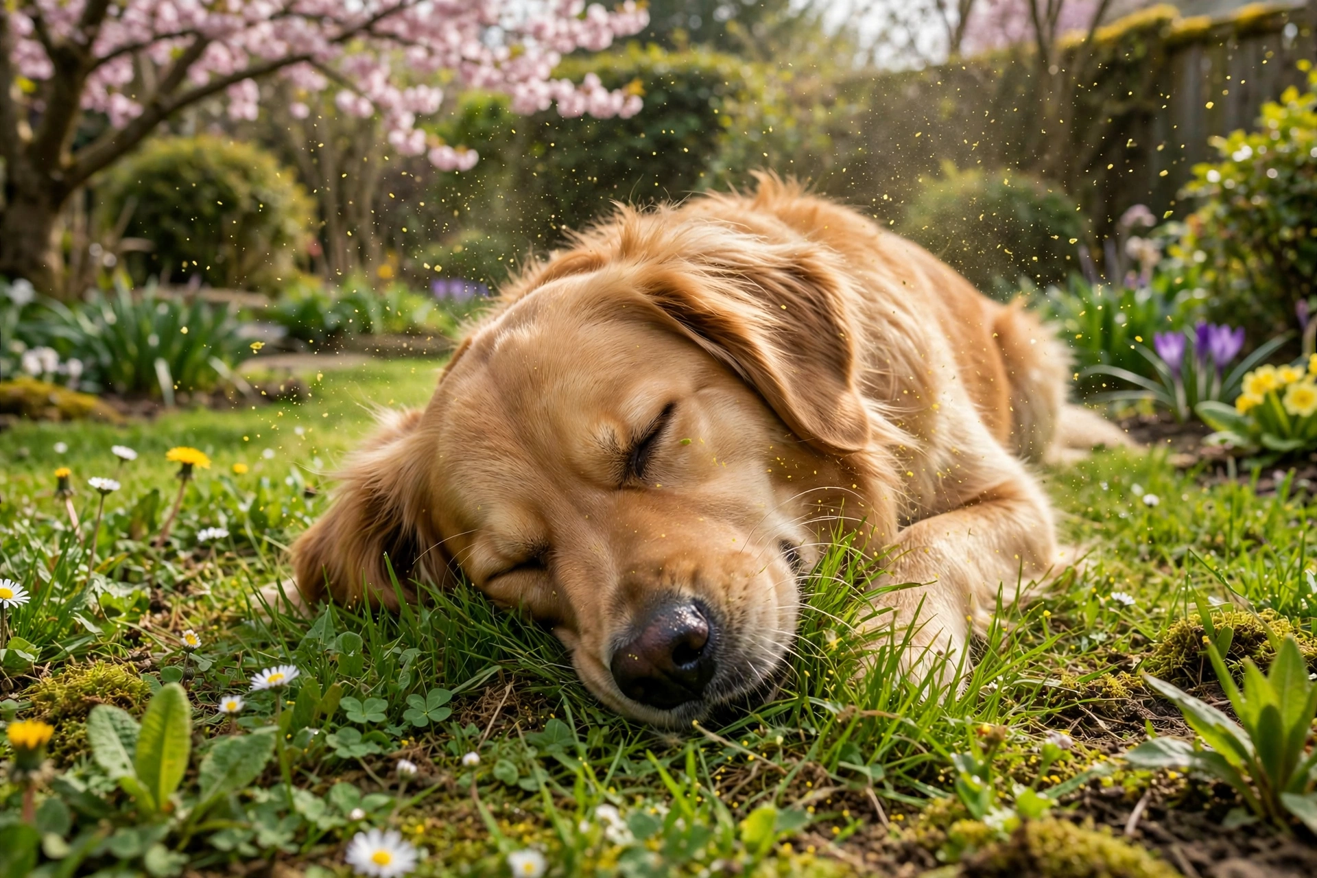 Dog rubbing its itchy face on grass during allergy season