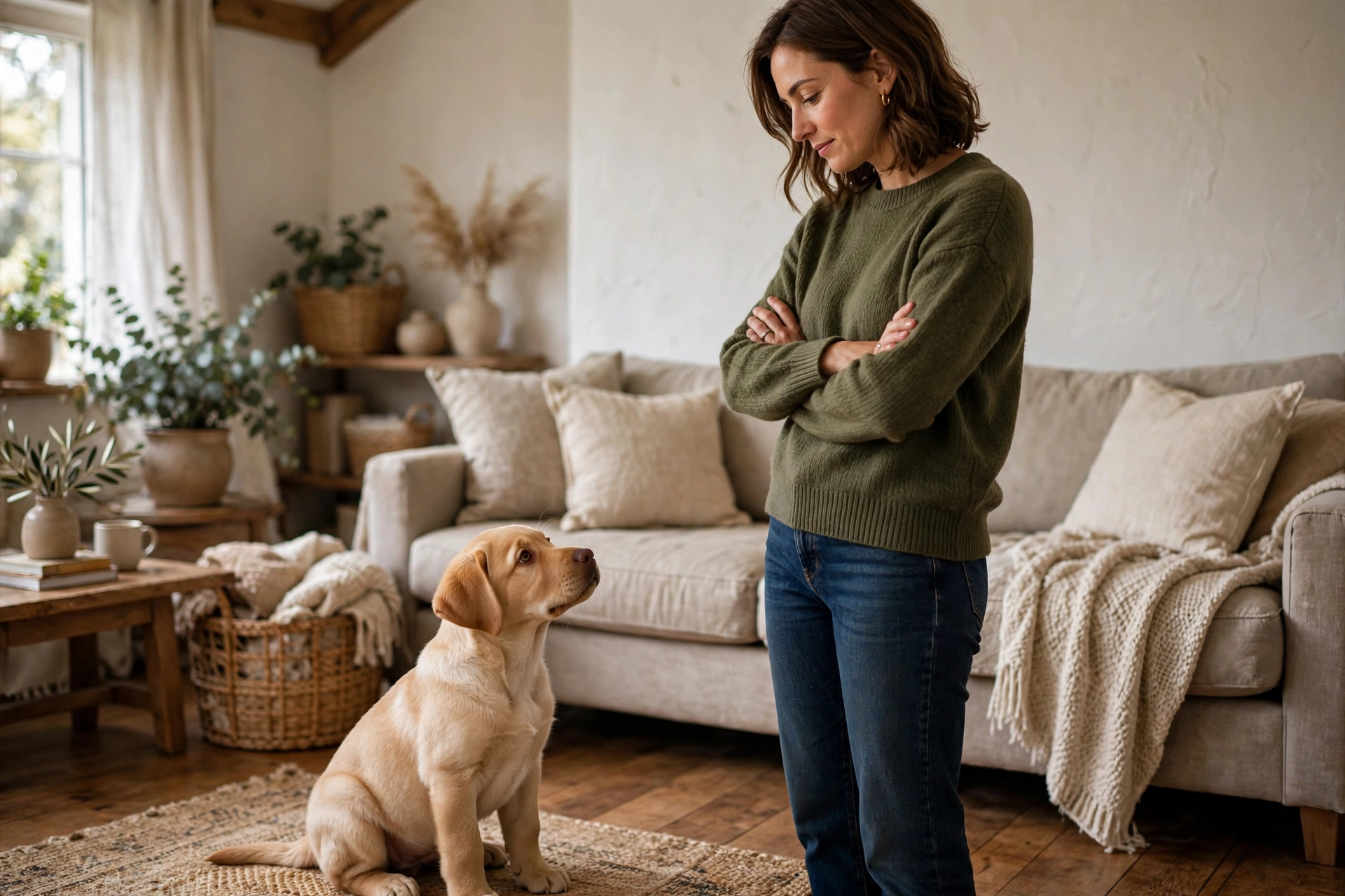 Owner standing still with arms crossed while puppy sits calmly during training