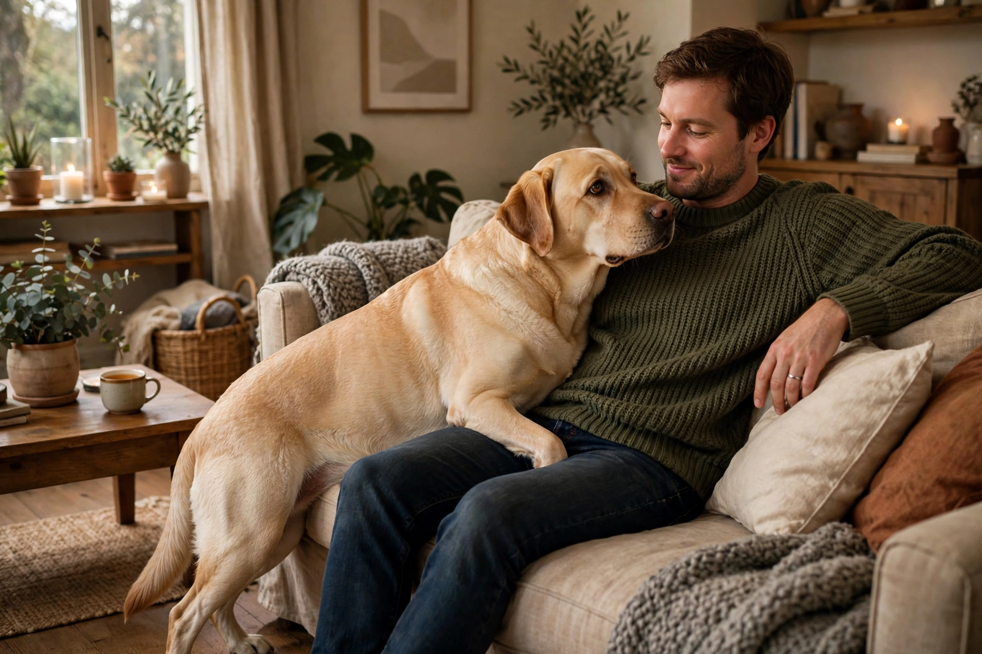 Labrador leaning its full body weight affectionately against a person on a couch