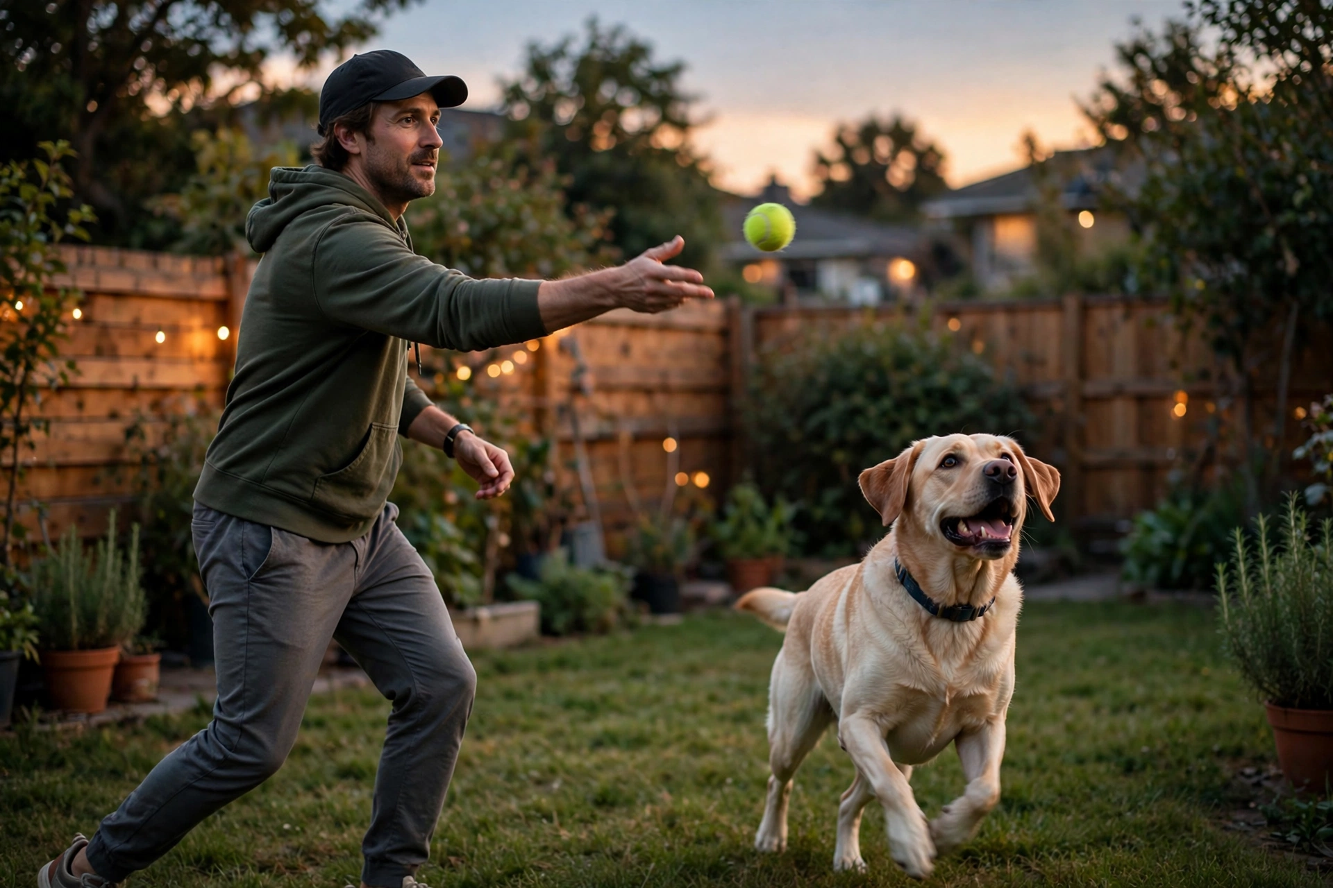 Owner playing fetch with a labrador in the backyard at dusk before bedtime