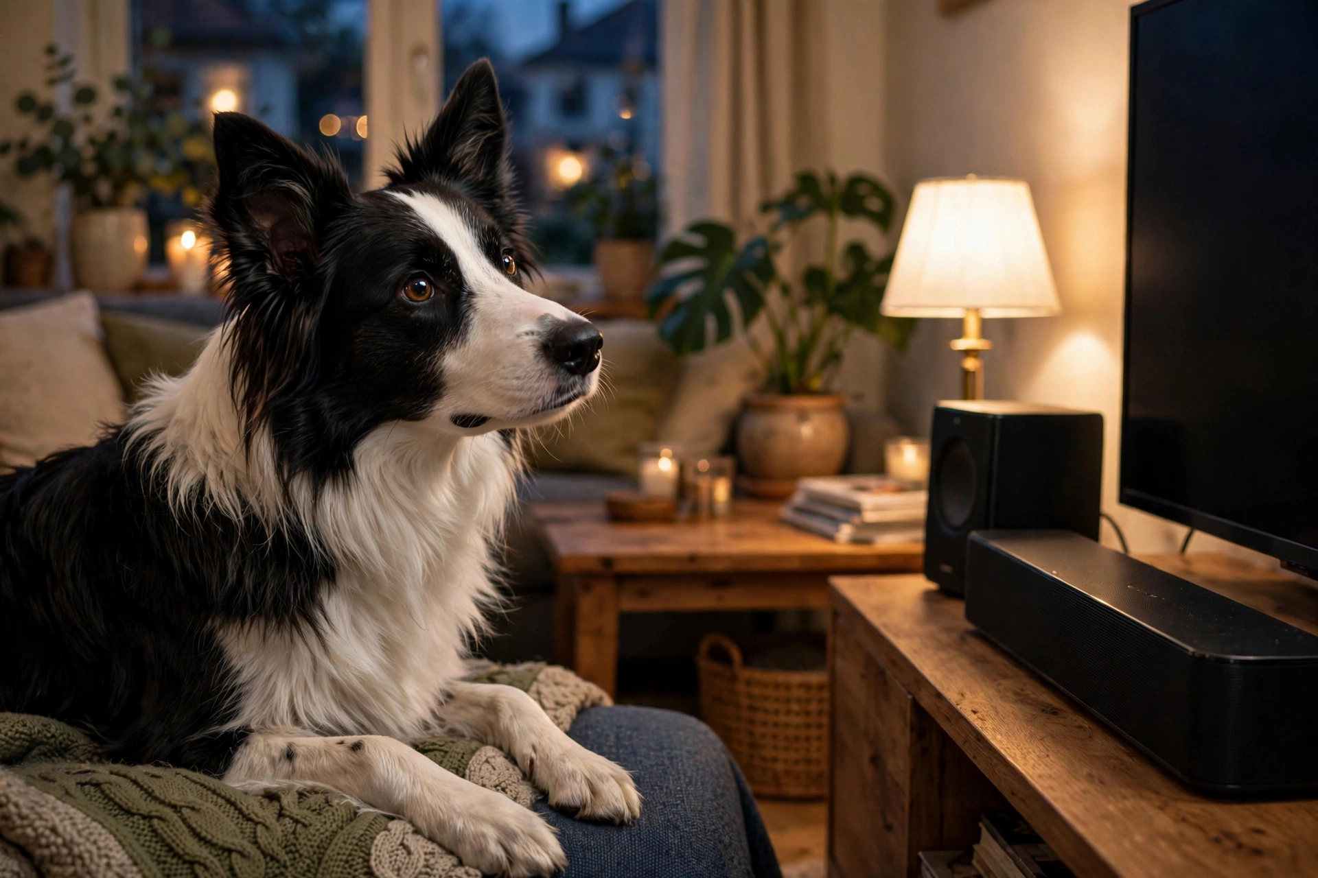 Border collie tilting its head at TV sounds