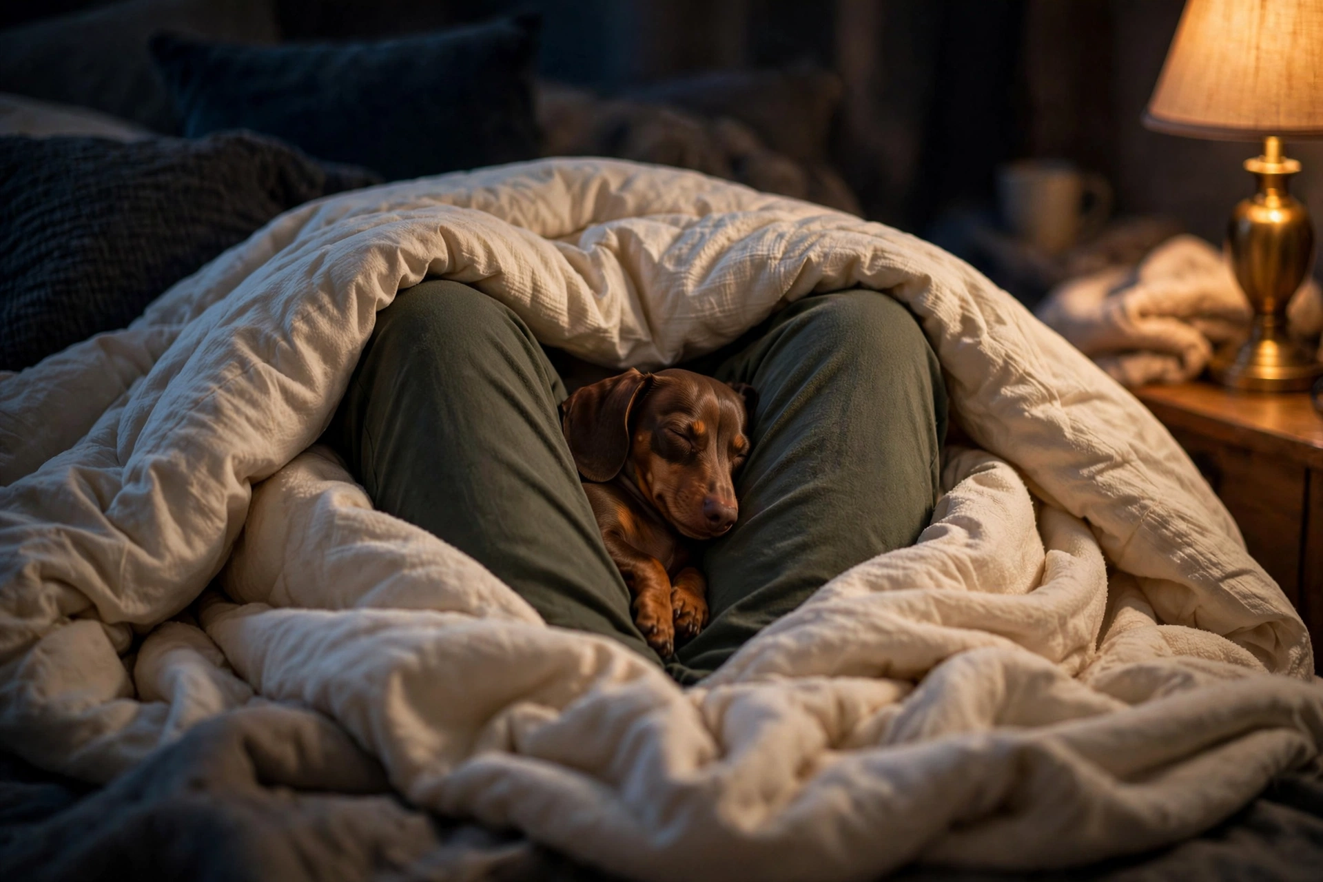 Dog tucked snugly between its owner's legs under bedding, like a safe den