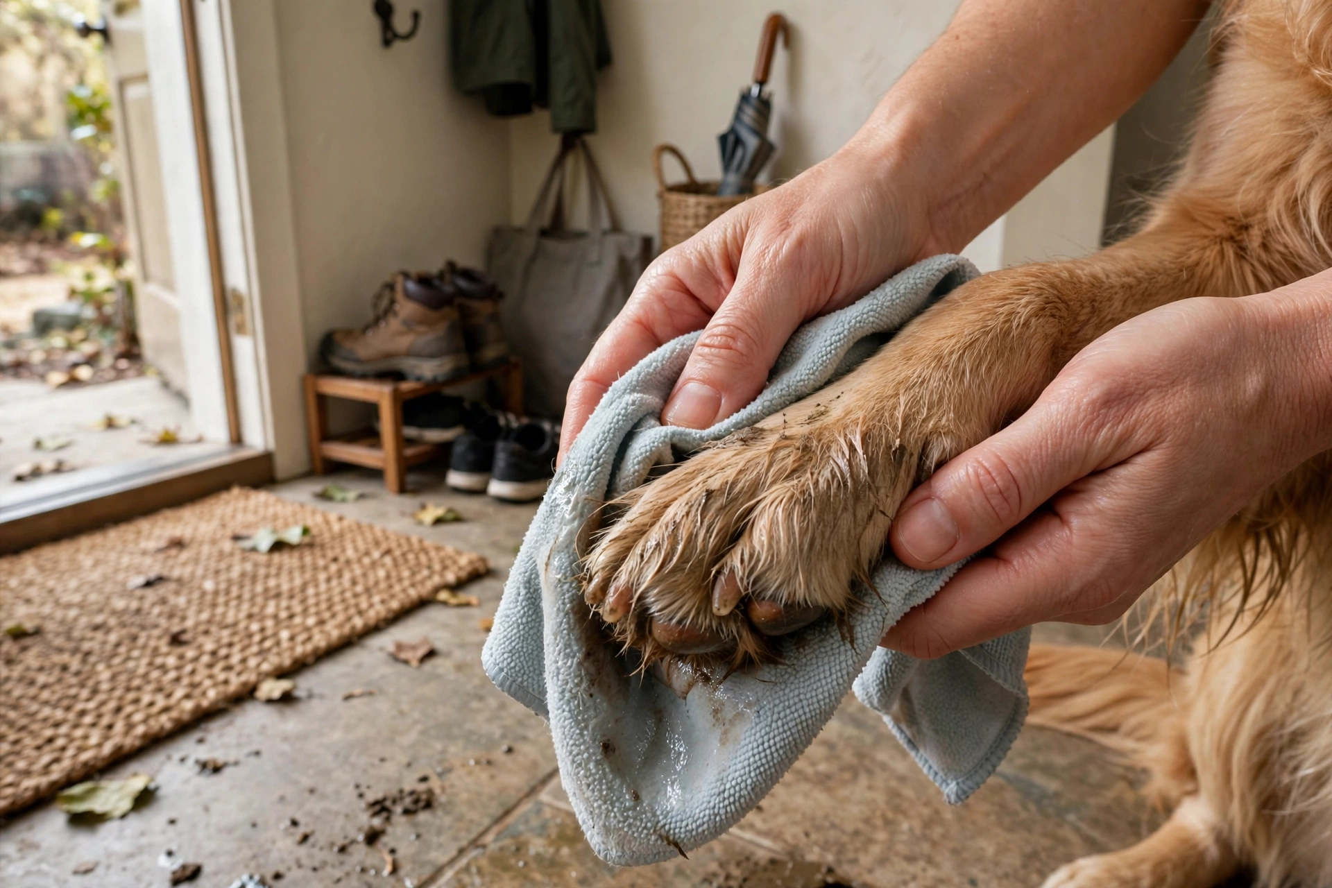 Wiping a dog's paw after a walk