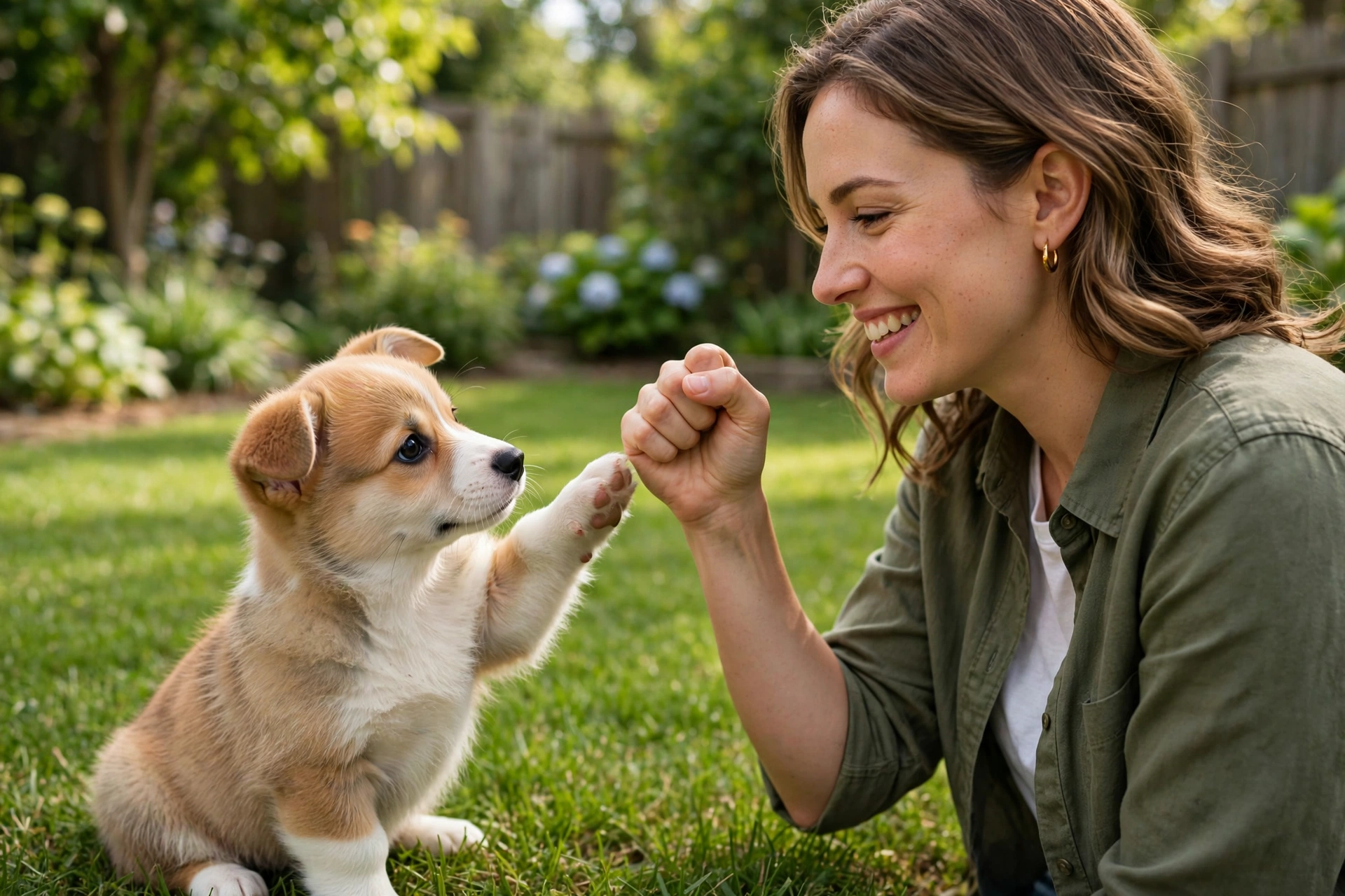 Corgi puppy lifting paw toward owner's closed fist at nose level