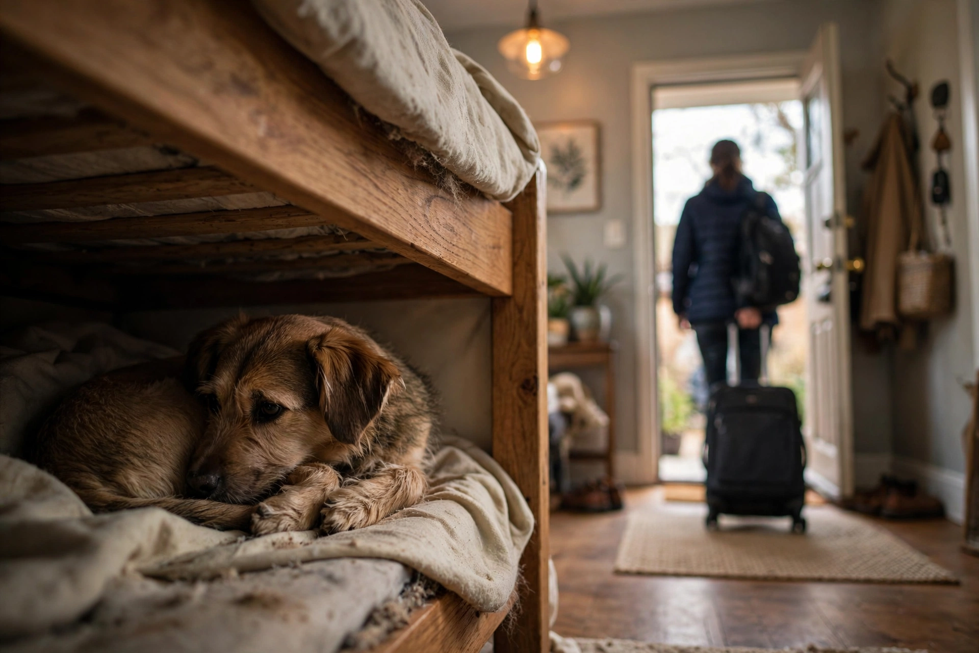 Dog hiding under the bed near the front door