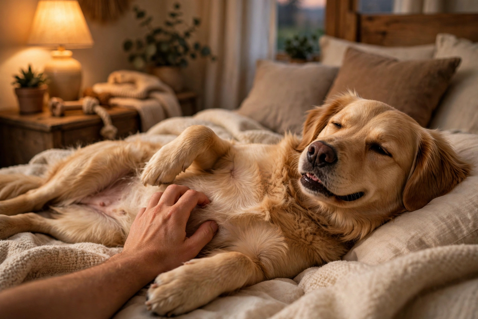 Content dog grumbling softly while getting a belly rub