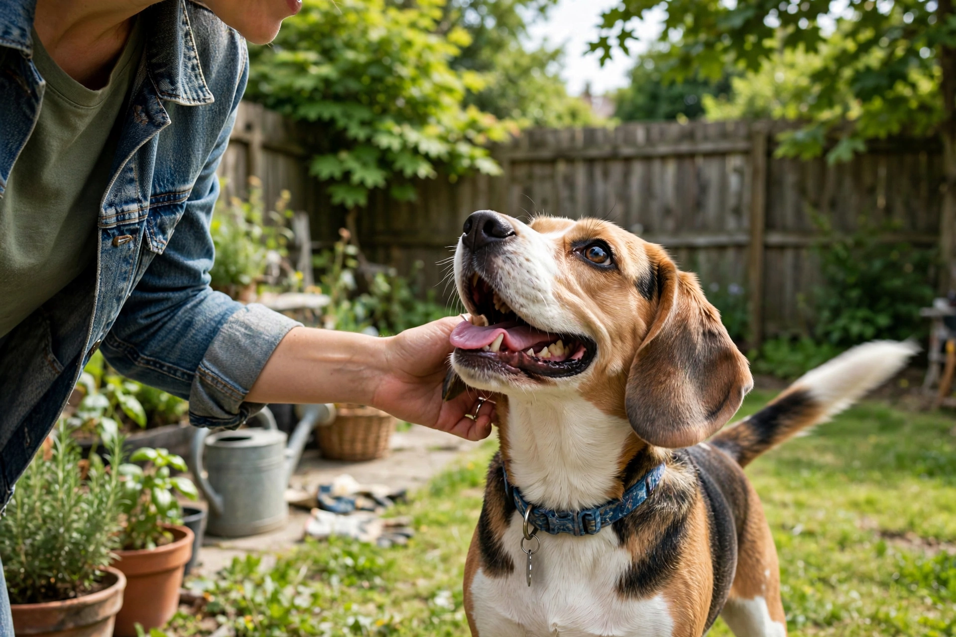 Excited happy beagle with wagging tail being petted by its owner in a backyard