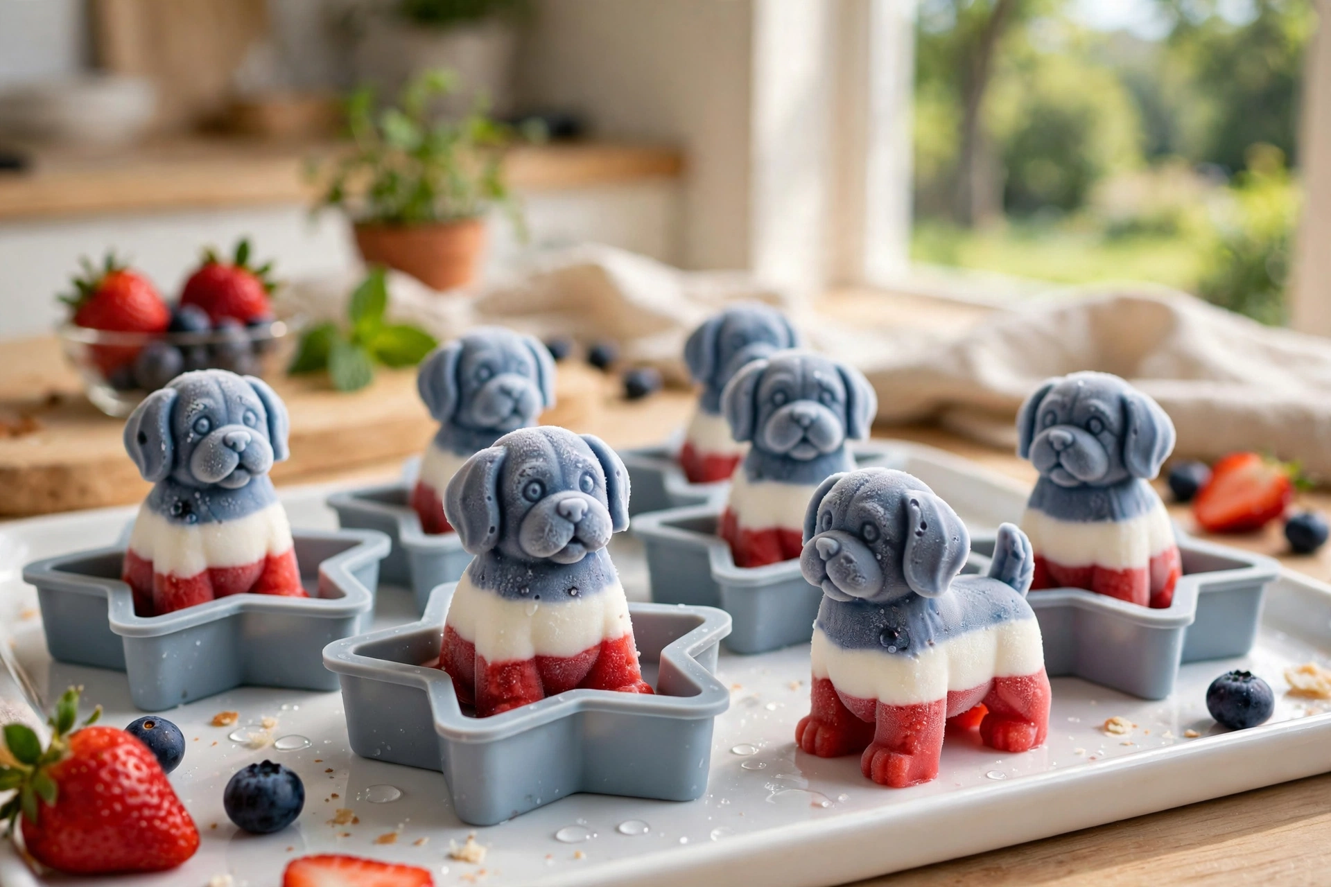 Red white and blue layered frozen yogurt dog pops in star molds