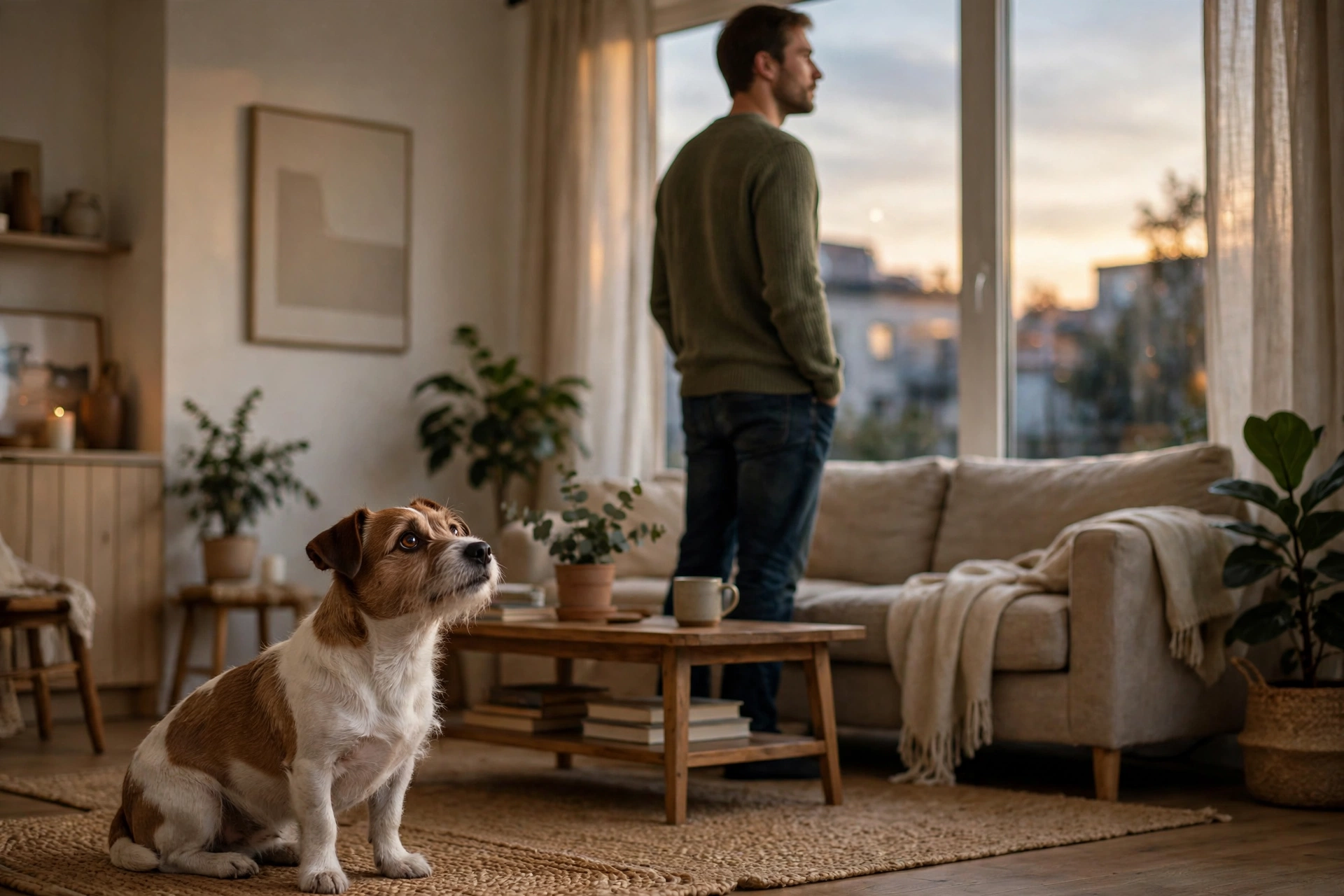 Nervous dog with tucked tail watching a tall man