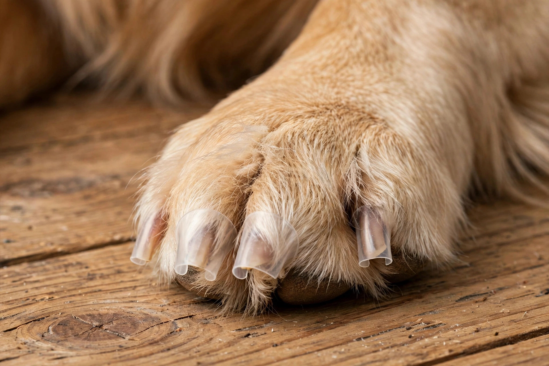 Soft vinyl nail caps fitted over a dog's claws on a wooden floor