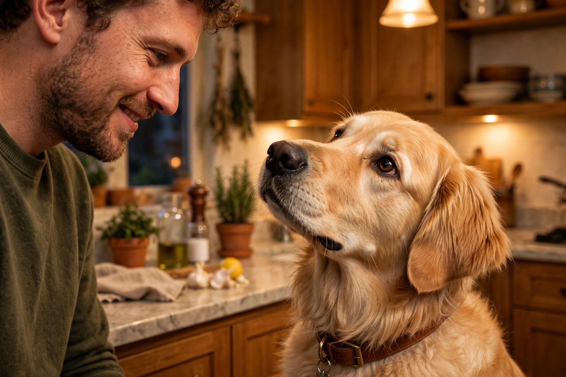 Golden retriever tilting head to look at owner's face