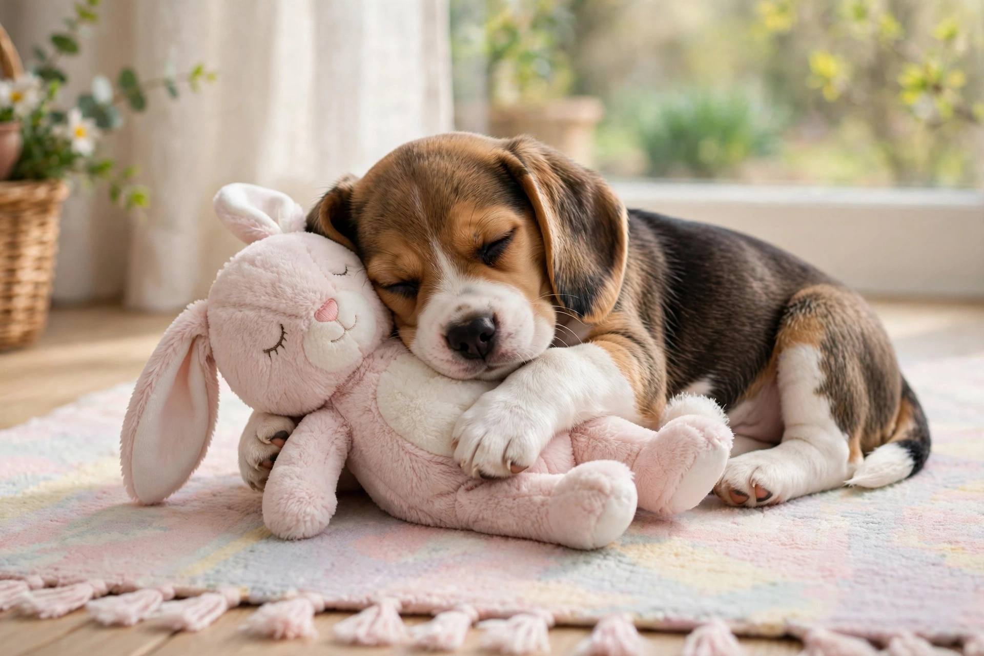 Beagle puppy cuddling a plush bunny dog toy