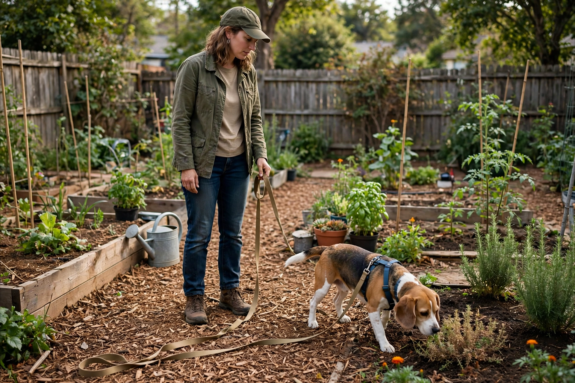 Owner supervising a dog in a mulched garden