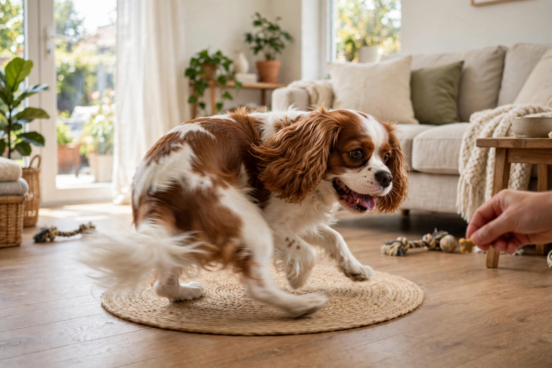 Dog making a small tight circle while following a treat lure