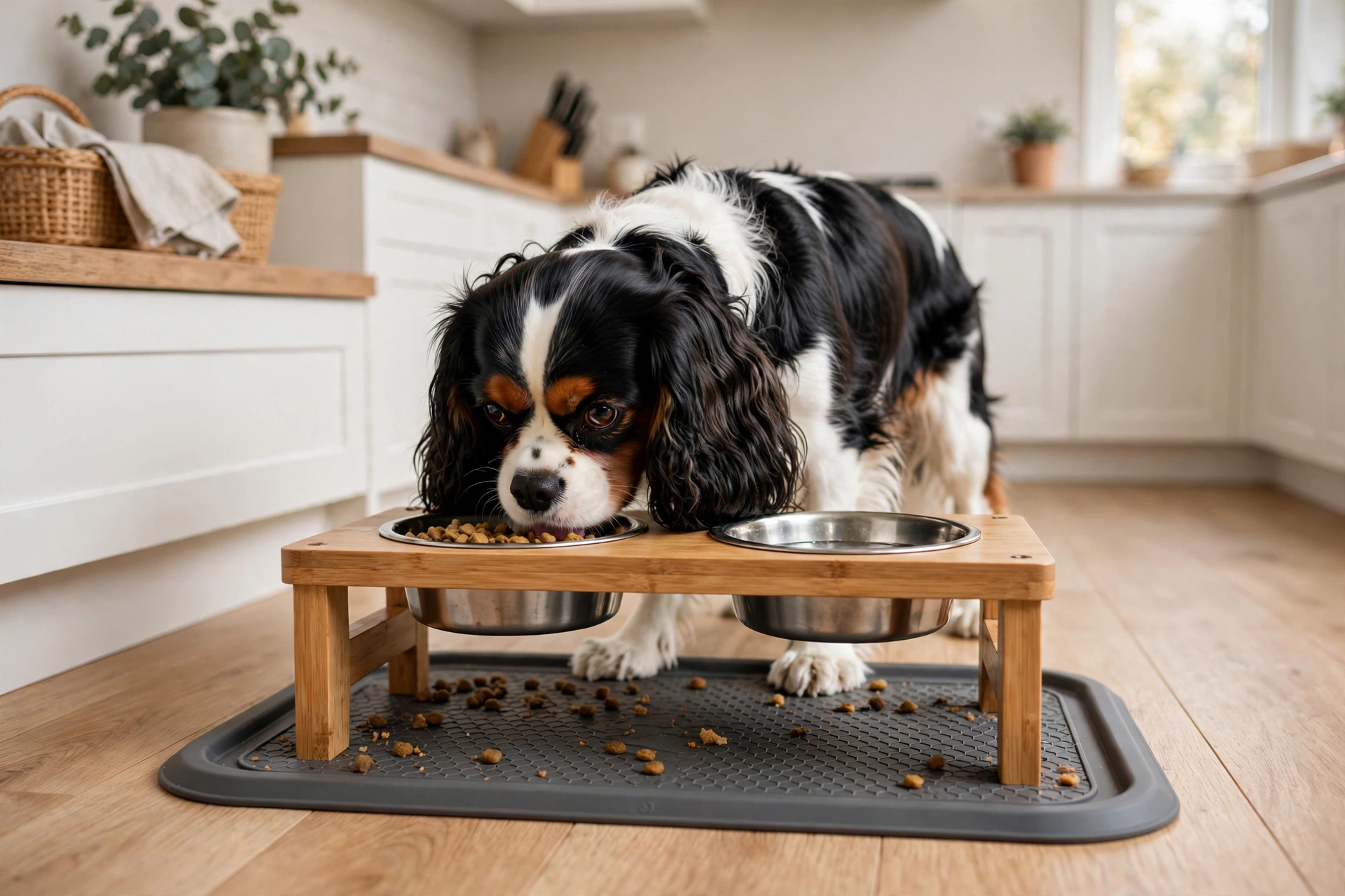 Cavalier King Charles Spaniel eating from an Ear Clear raised feeding station with mat