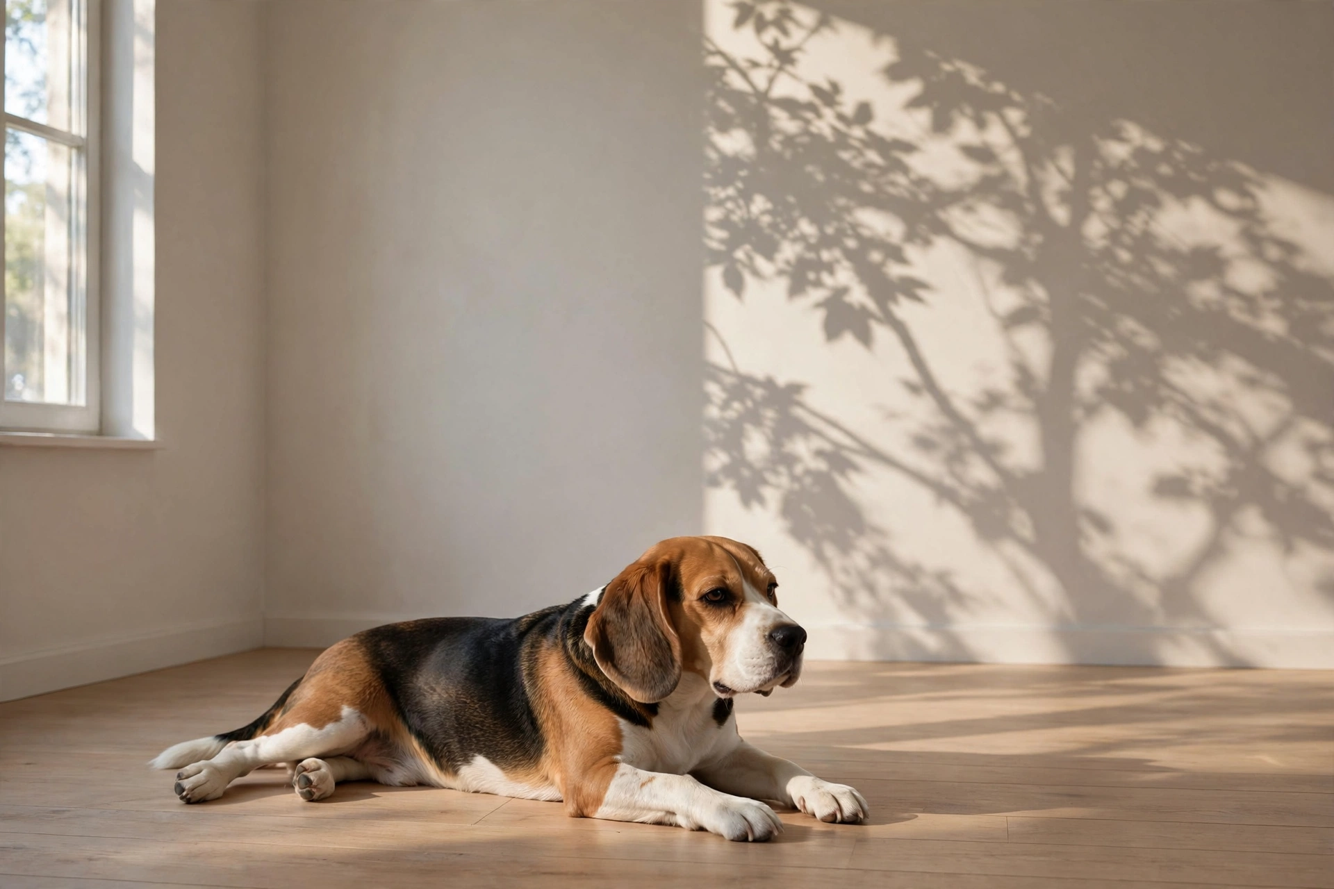 Bored dog lying on the floor watching shadows on the wall