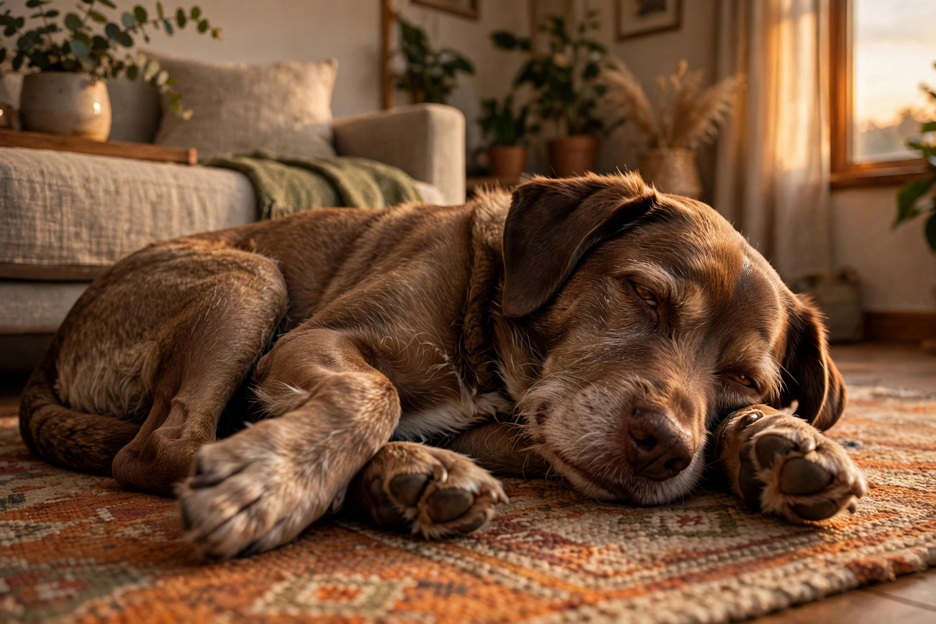 Dog twitching paws in REM sleep with eyes partly open while dreaming