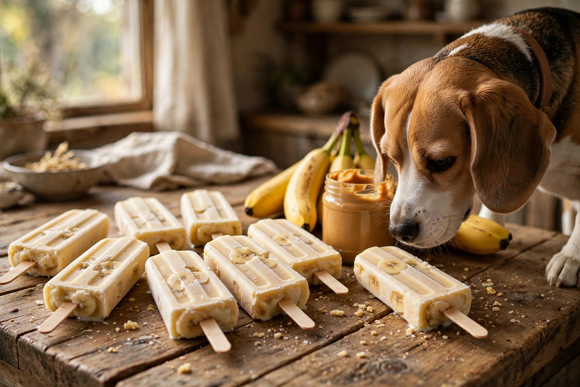 Peanut butter banana dog popsicles on wooden sticks on a kitchen counter