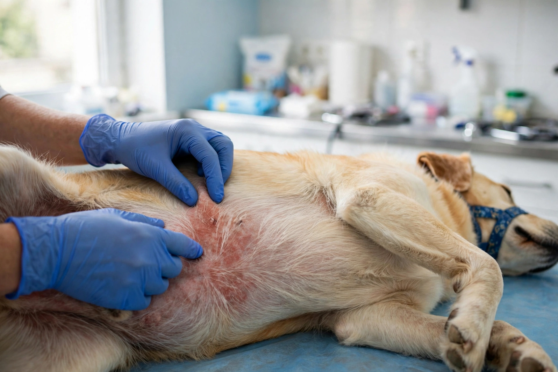Veterinarian examining a dog's irritated skin for a possible infection