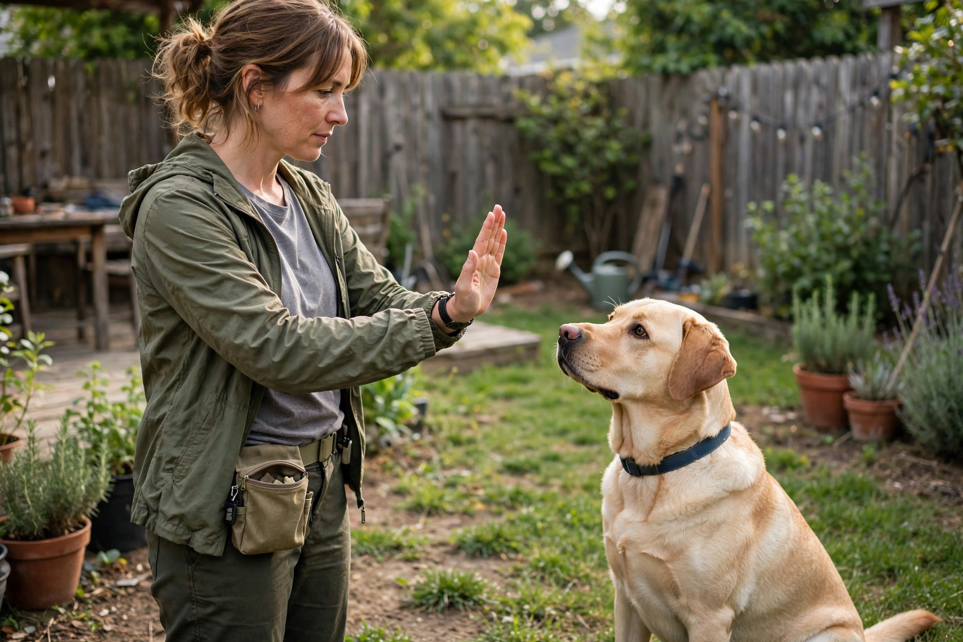 Owner training a dog with the leave it hand signal
