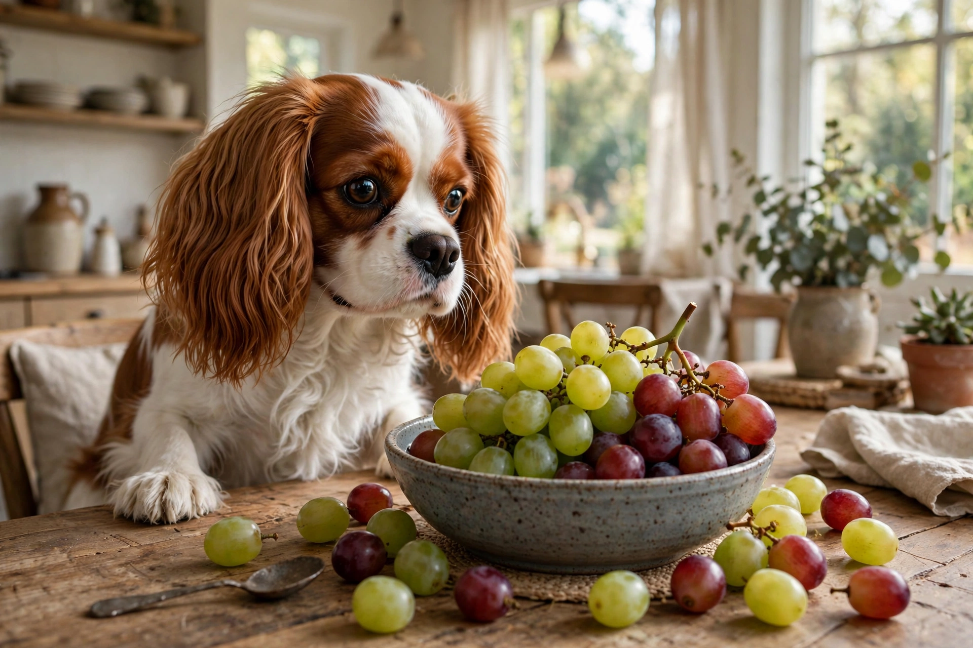 Cavalier King Charles Spaniel near a bowl of grapes