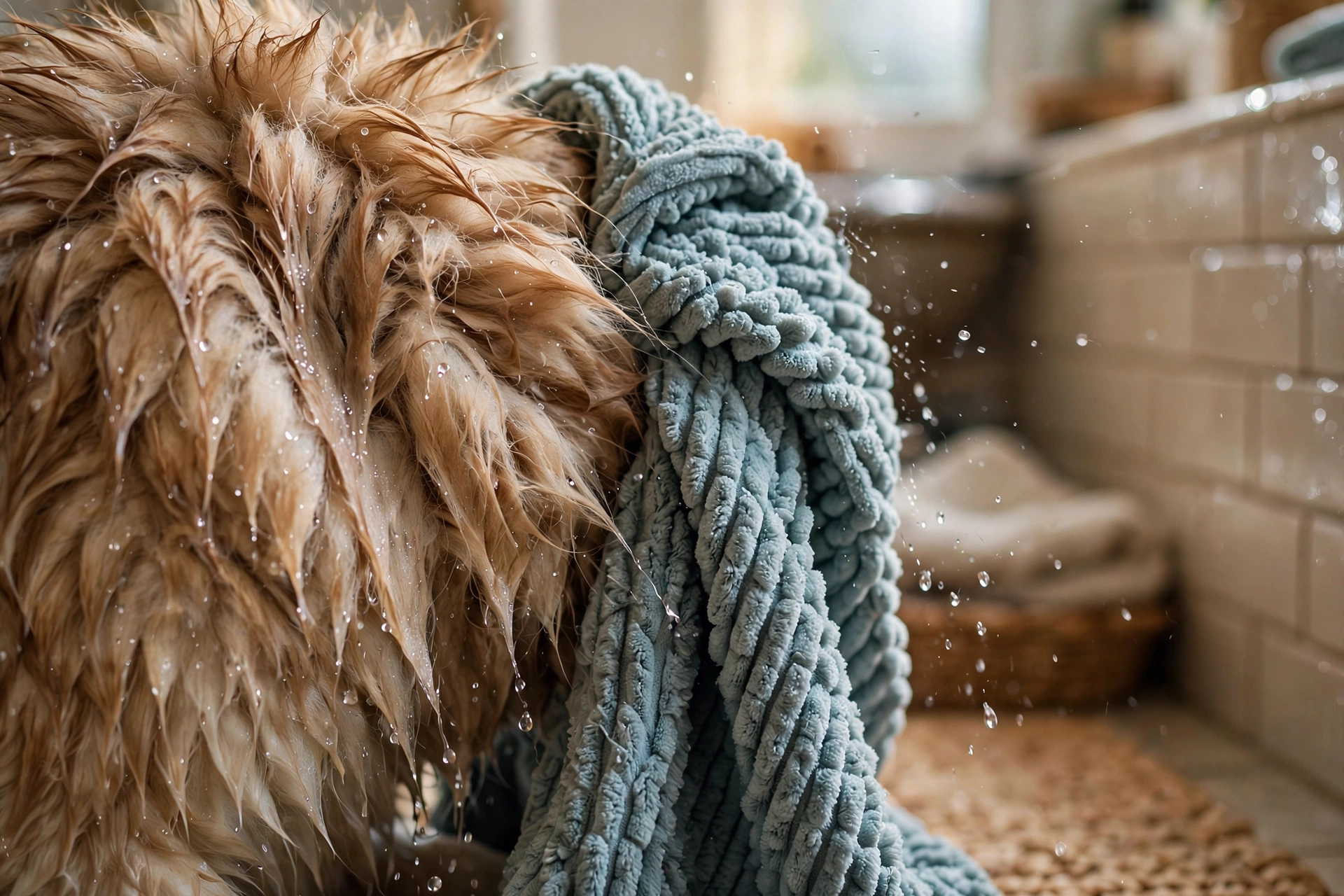Dog's thick coat being towel-dried with a microfiber dog towel after a bath