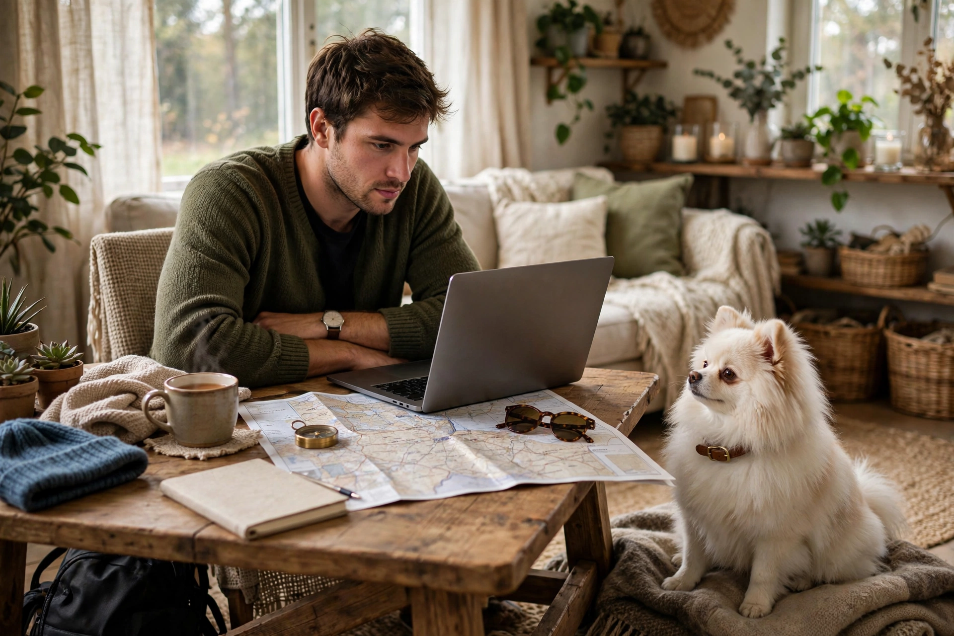 Traveler researching pet-friendly airlines with a small dog nearby