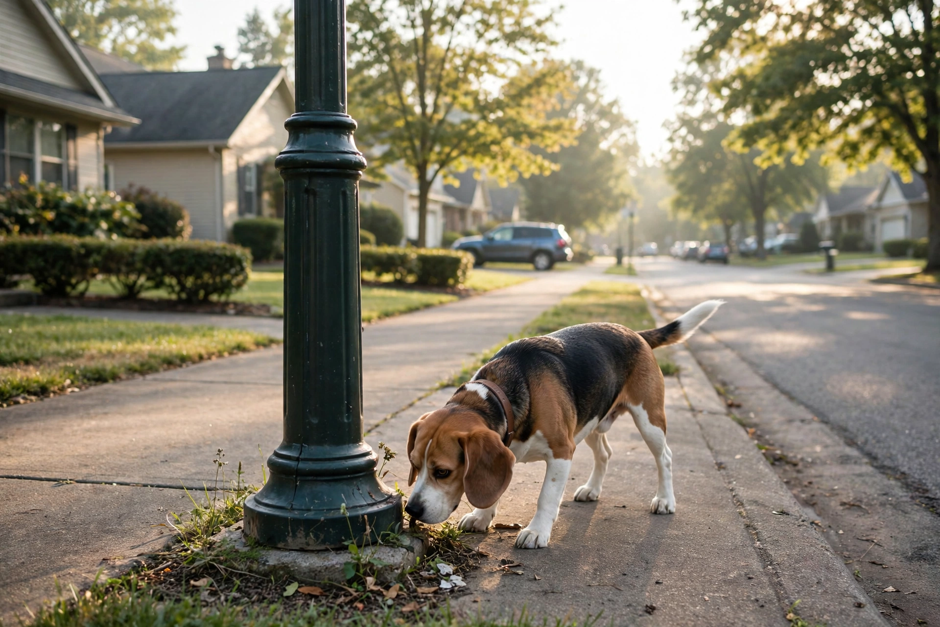 Beagle sniffing the base of a lamp post on a sidewalk