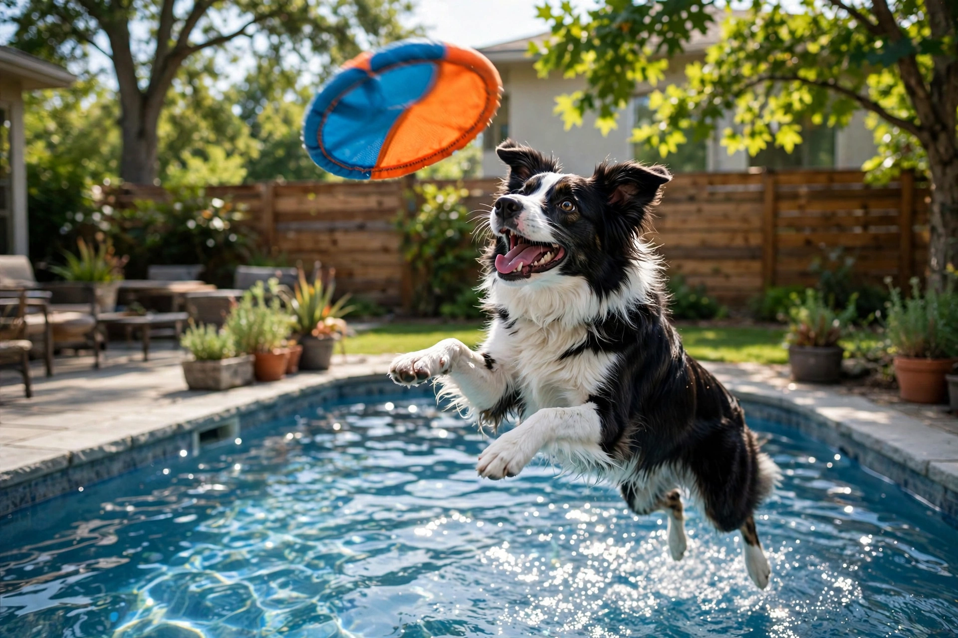 Border collie leaping above a swimming pool to catch a floating nylon flying disc