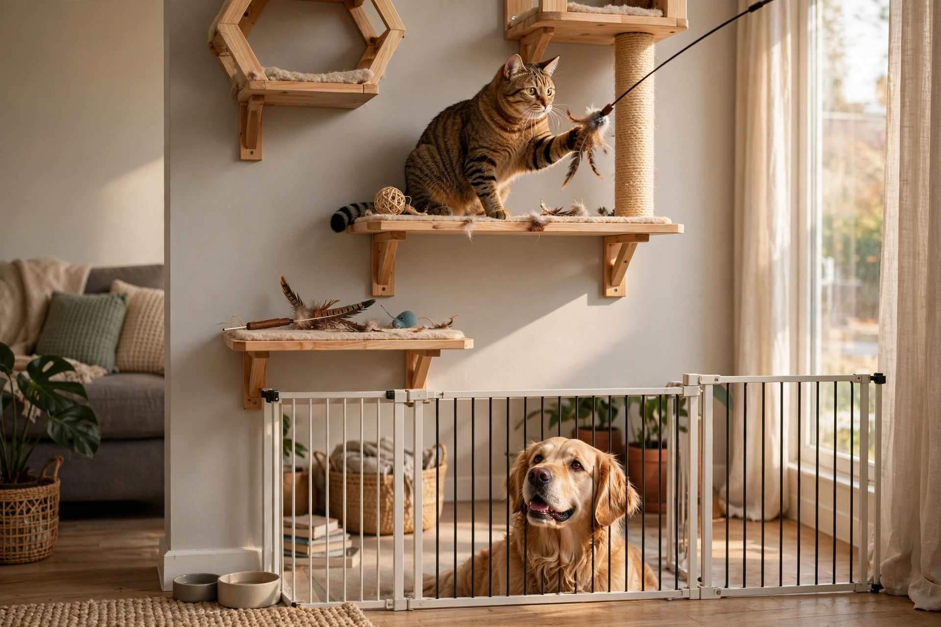Cat playing on wall shelves with toys while a dog watches from behind a gate