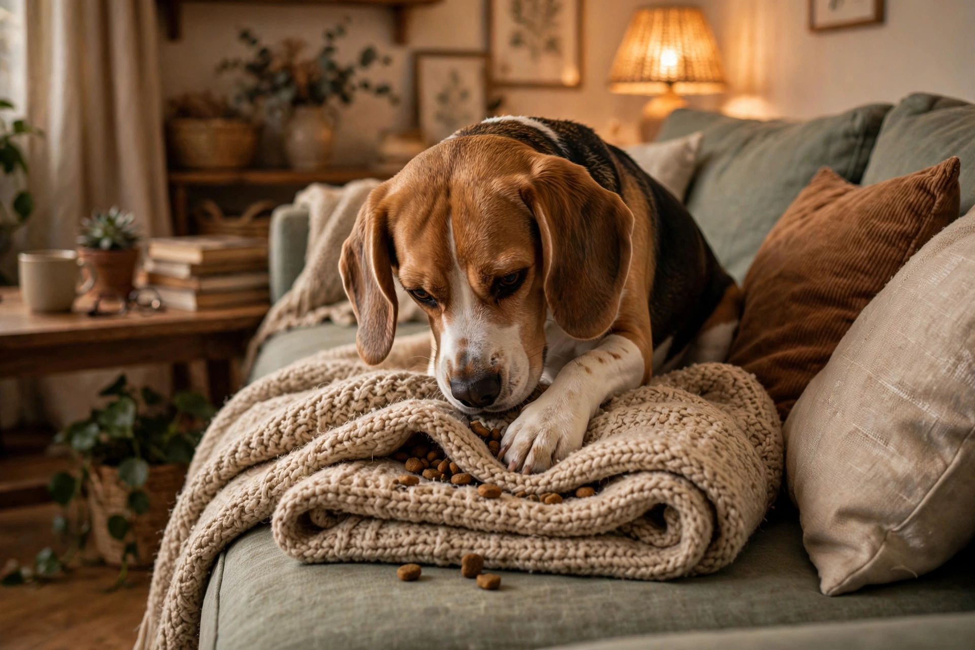 Beagle hiding kibble in a folded blanket on a sofa