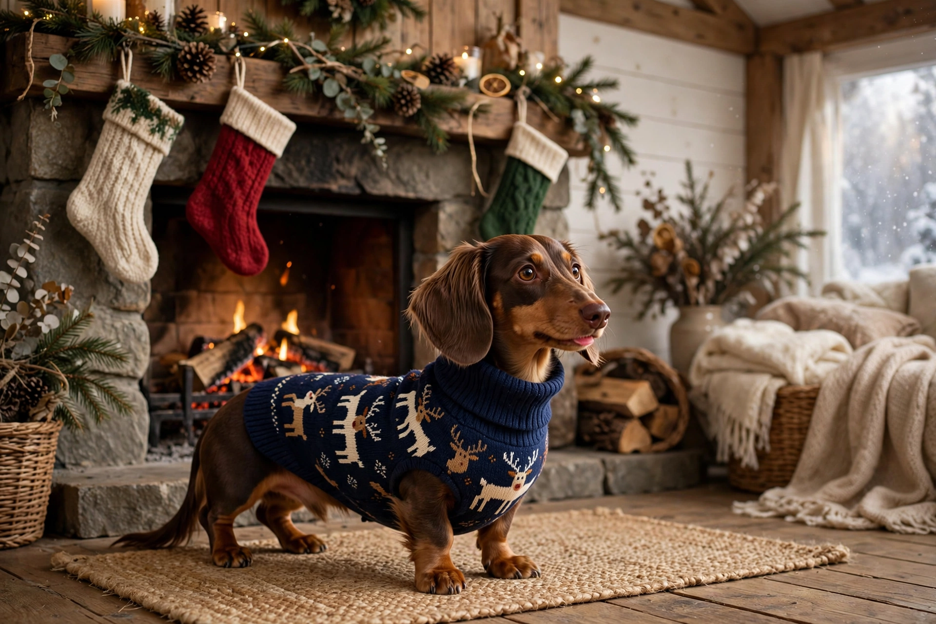 Dachshund wearing a navy turtleneck KYEESE reindeer Christmas sweater