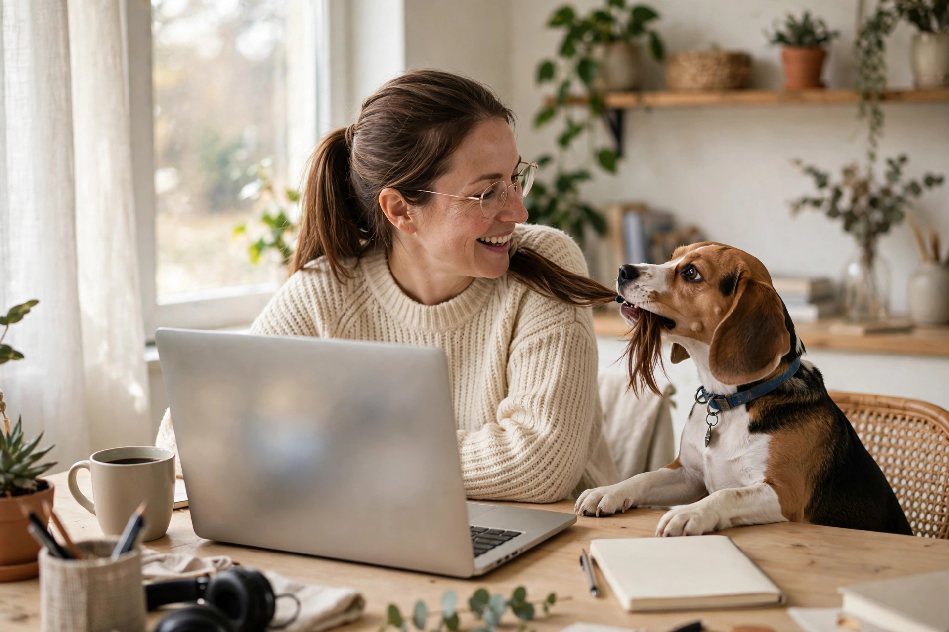 Beagle chewing its owner's ponytail while she works on a laptop