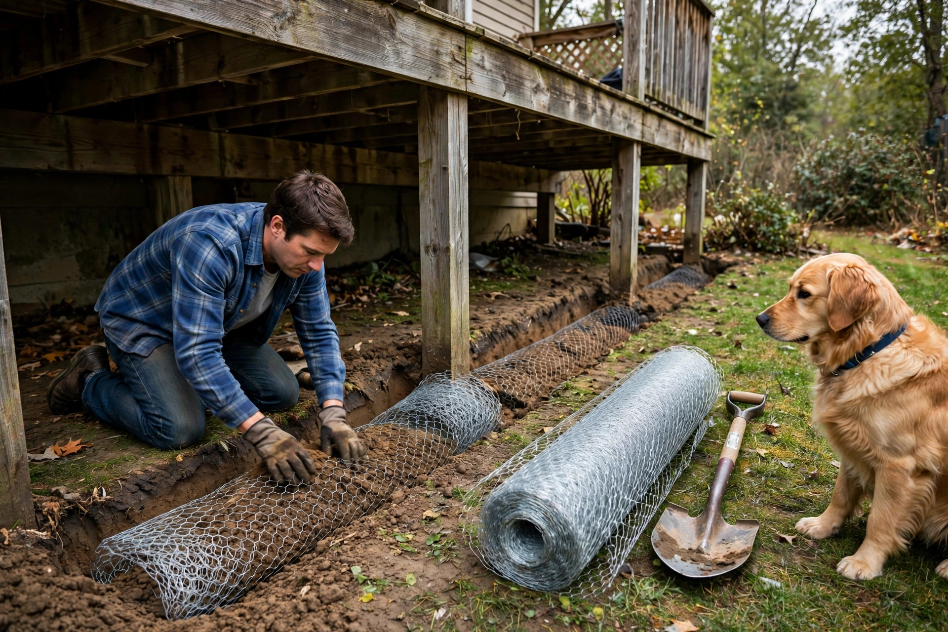 Person burying chicken wire mesh in a trench along a deck base