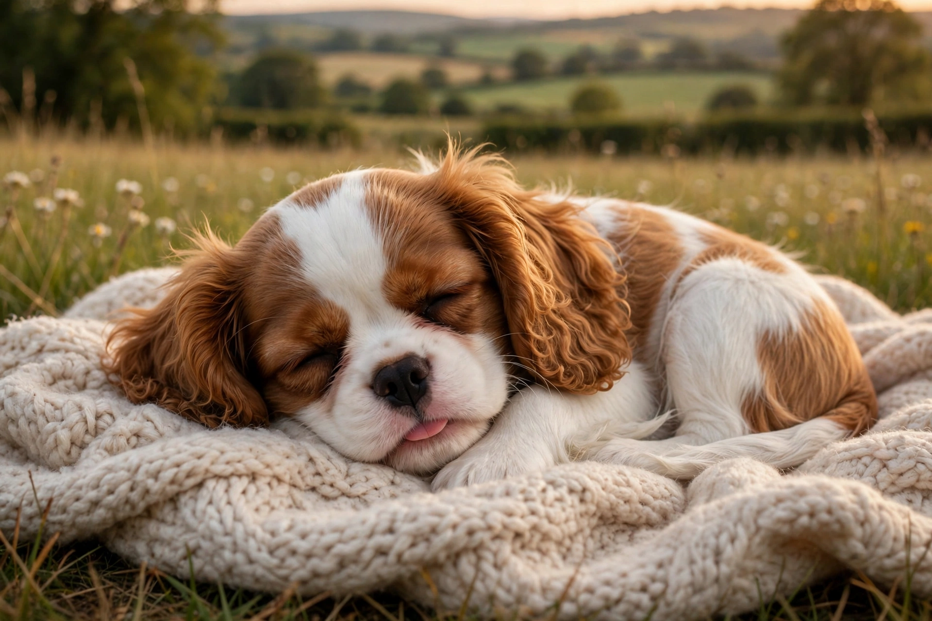 Cavalier King Charles Spaniel puppy sleeping curled up with tongue tip peeking out