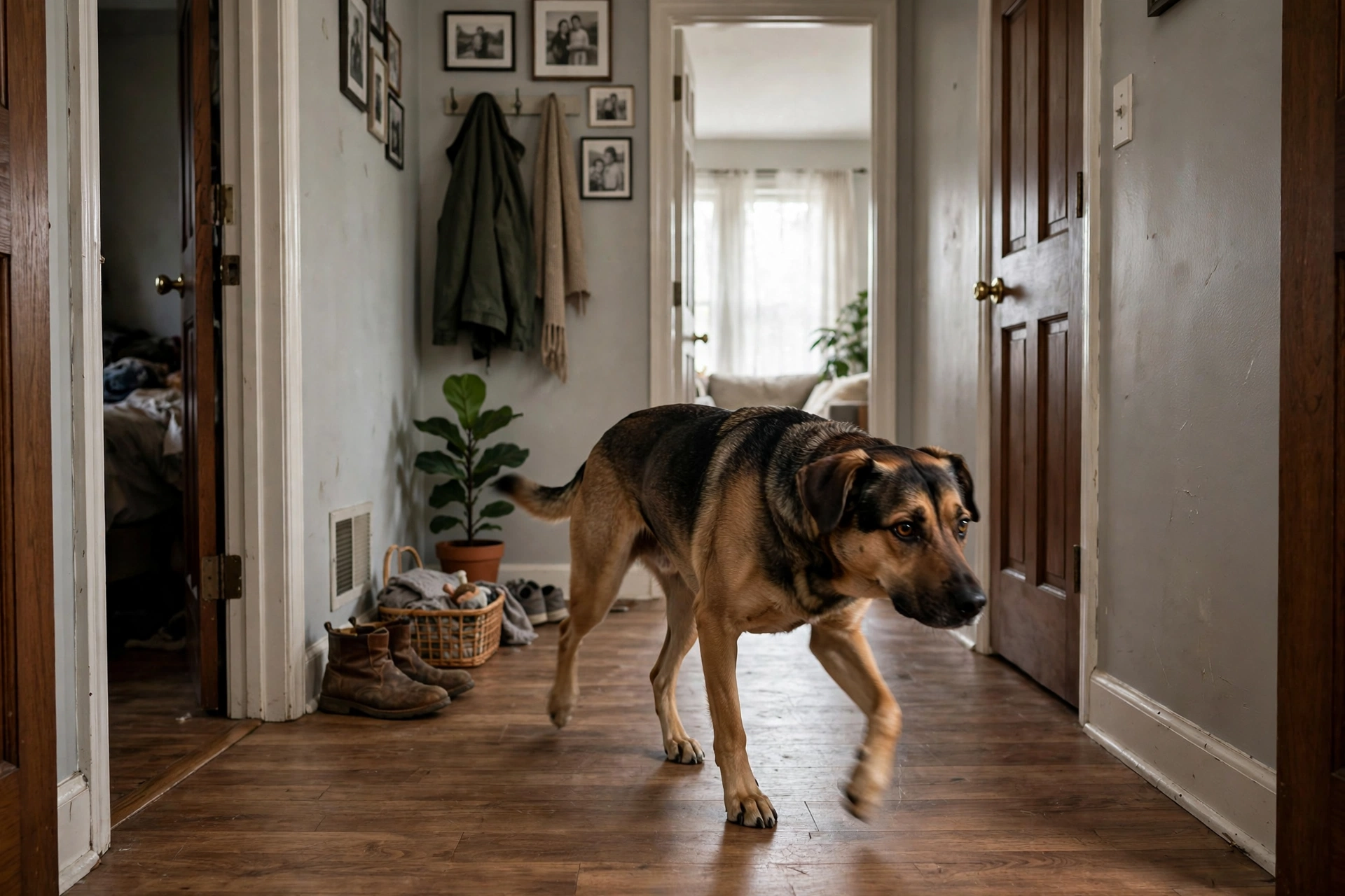 Restless dog pacing back and forth in a hallway