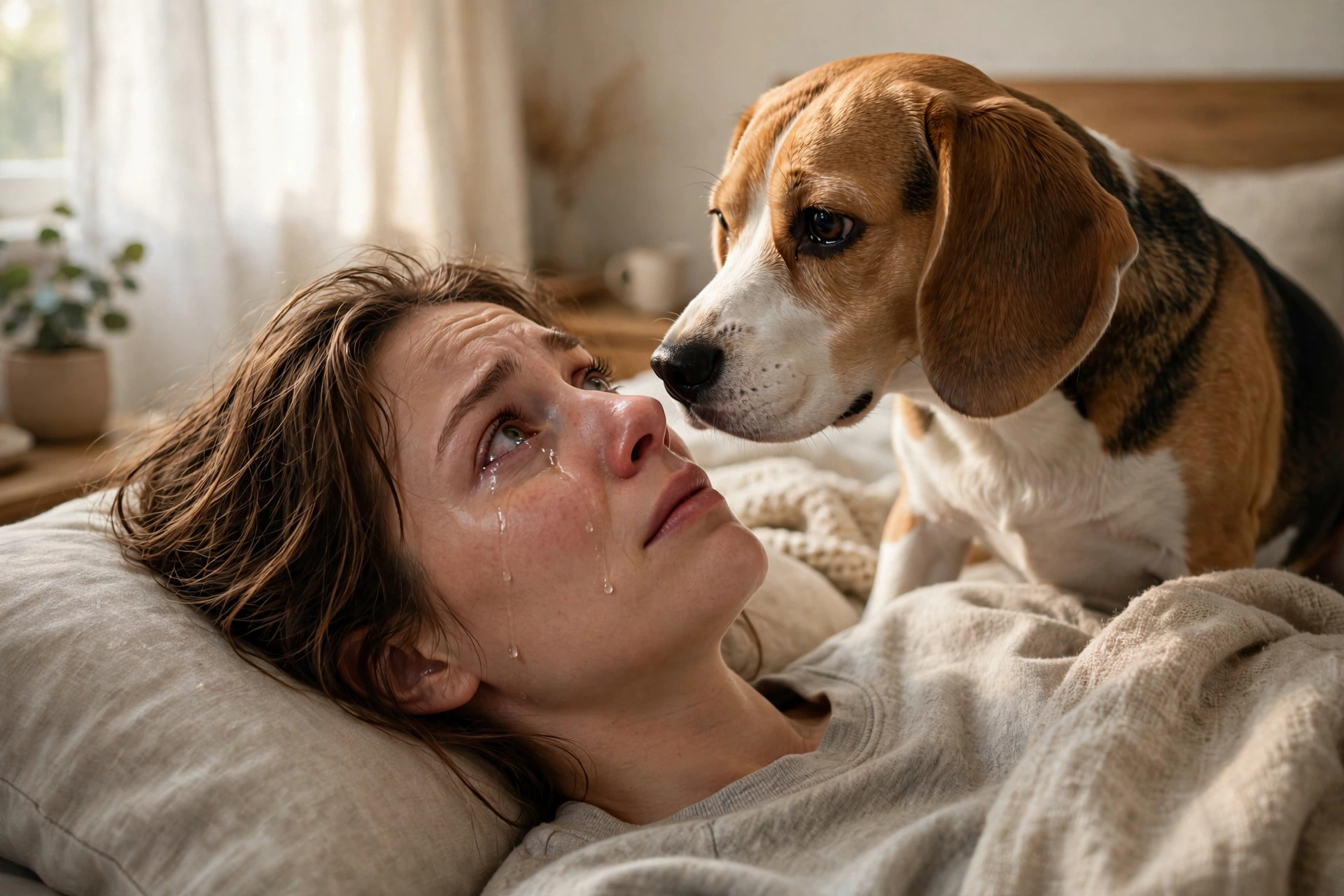 Beagle dog sniffing near its crying owner's eyes with empathy