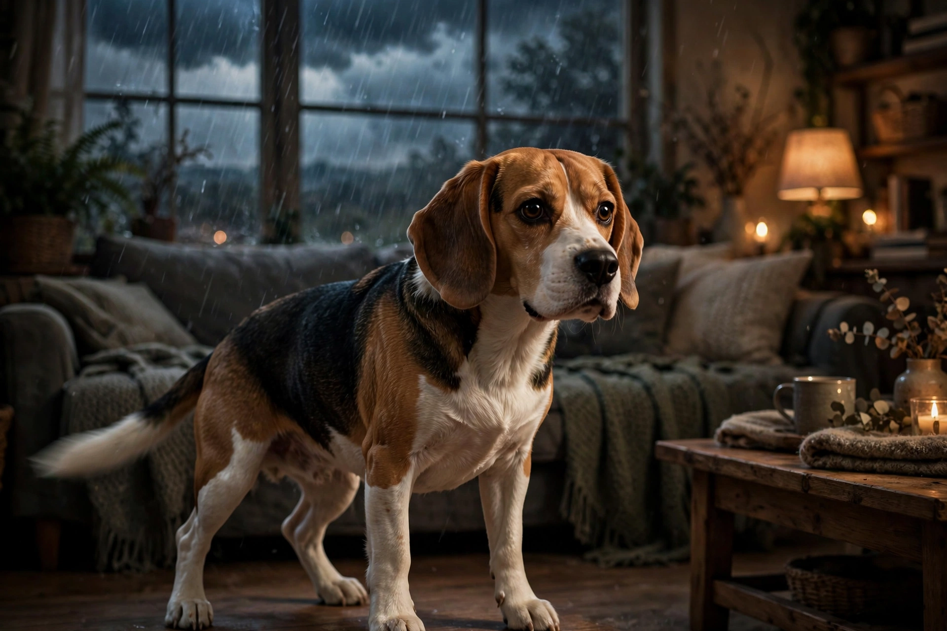 Nervous dog wagging tail low toward the left side indoors